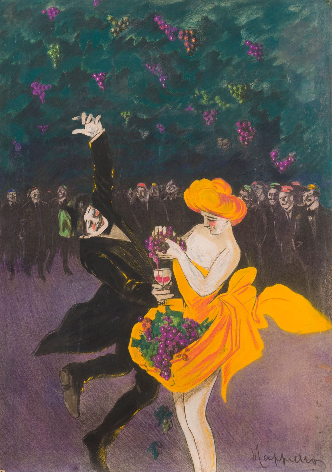 Leonetto CAPPIELLO (1875-1942)
International Student Congress Party, 1906
Mixed media. Mounted on canvas.
Signed lower right.
(Good condition. Small tear on right side. Minor rubbing). 
125.5 x 89.5 cm

Bibliography : 
- Rennert, p. 107, no. 131.

In the footsteps of Lautrec. 
With its rich port and vineyards, Bordeaux is home to one of France's oldest and most prestigious universities. The students' congress was an important event that warranted a poster.
In 1900, just before his death, Lautrec designed one that was published posthumously: a woman in a yellow dress, her face masked by a wolf, shows off her phenomenal breasts - quite a program. For 1907, it was Cappiello who was called in, in a more suggestive yet mischievous way, depicting a young beauty with her skirt raised high, filled with bunches of grapes that she presses into the glass of an enthusiastic student. Perhaps unconsciously, Cappiello is repeating the Moulin Rouge layout that made Lautrec famous in 1891 (Wolfang Wittrock, Toulouse-Lautrec, The Complete Prints, Sotheby's, London, 1985, pl. 1B or C). In the foreground, it's no longer La Goulue and Valentin le désossé, but the young woman and the student. It's no longer the petticoat that catches the eye, but the yellow dress. No lanterns, but bunches of grapes at the top of the picture; and finally, it's not a group of revelers, but a circle of delighted students in the background. Note, however, that there are no female students.