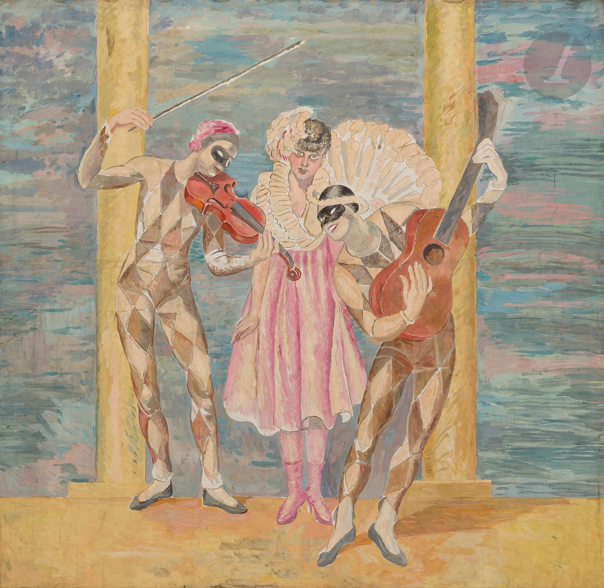Leonetto CAPPIELLO (1875-1942) 
Columbine and the two musicians
Oil on canvas. 
217 x 199 cm



In pastel tones, these two harlequin musicians surround a Columbine. Stylistically speaking, this work probably dates from the 1930s.

Totally unrecognized today, Cappiello's work as a decorative artist was considerable(1) , as his historiographer Jacques Vienot has rightly noted: "his artistic activities are constantly superimposed and overlapping". In 1907, following Chéret's example, he received his first interior decoration commission (from Monsieur Louis-Dreyfus). He went on to decorate numerous hotels, including a ceiling in the home of Baron Henri de Rothschild in 1920 that caused quite a stir... But his creations were not reserved for the happy few! In 1912, Galeries Lafayette commissioned him to decorate their tea room, reading room and smoking room - all to great acclaim. In 1935, the Dupont-Barbès brasserie was a huge popular success, with a gigantic fresco (22 x 3 m) evoking Montmartre. Finally, another monumental work, the red and white horses of La Force motrice, were the central decorative element of the advertising pavilion at the 1937 exhibition. Like those by Chéret(2) , one of the two decorative panels presented here is an oil on canvas. As fashions changed, these works were dismantled and more often than not lost. The two presented here, fortunately preserved by the family, are extremely rare.
