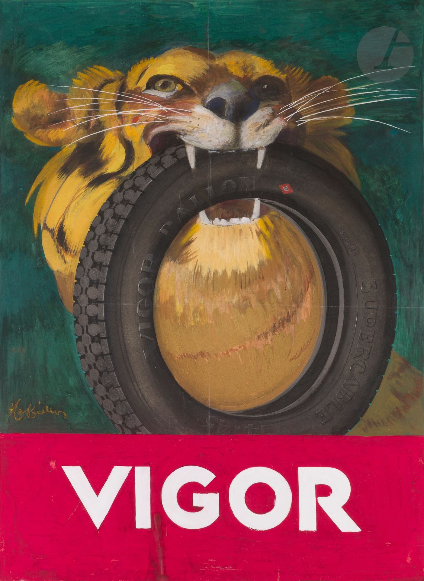 Leonetto CAPPIELLO (1875-1942)
Vigor, Dunlop Tiger tire, 1919
Mixed media. Mounted on canvas.
Signed center left. Annotated.
(Restoration of two tears, stains and rubbing).
158 x 120 cm

Bibliography : 
Rennert, p. 288, no. 466.

Flat tires were a nightmare for cyclists, and especially for early motorists, on roads that were at the time paved with gravel. Tire manufacturers all emphasized the durability of their products. After using a red devil for Torrilhon (see no. 10), Cappiello, delving into his "decorative menagerie" as Jacques Vienot so aptly put it, chose a tiger for Dunlop's Vigor tire. The layout is identical and the effect is guaranteed.