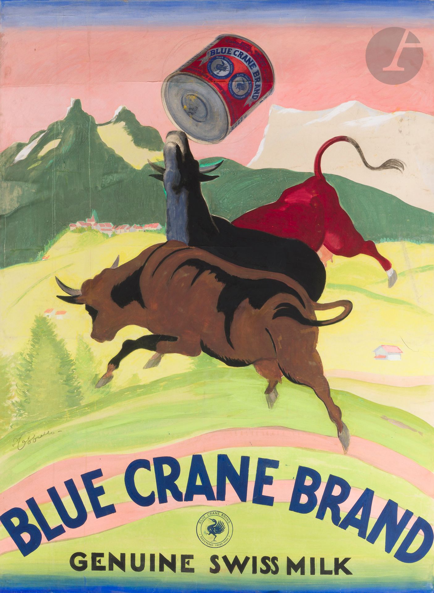 Leonetto CAPPIELLO (1875-1942)
Blue Crane Brand - Genuine Swiss Milk, 1926
Technique mixte. Entoilée.
Signée au centre à gauche.
(Plis marqué. Taches).
158 x 119 cm


Sur fond de montagnes alpestres, trois vaches gambadent joyeusement, jouant avec une boîte de lait en poudre. La typographie en arc de cercle, en bas de l’image, fixe le regard. Un joli projet qui, semble-t-il, n’a jamais été édité !
