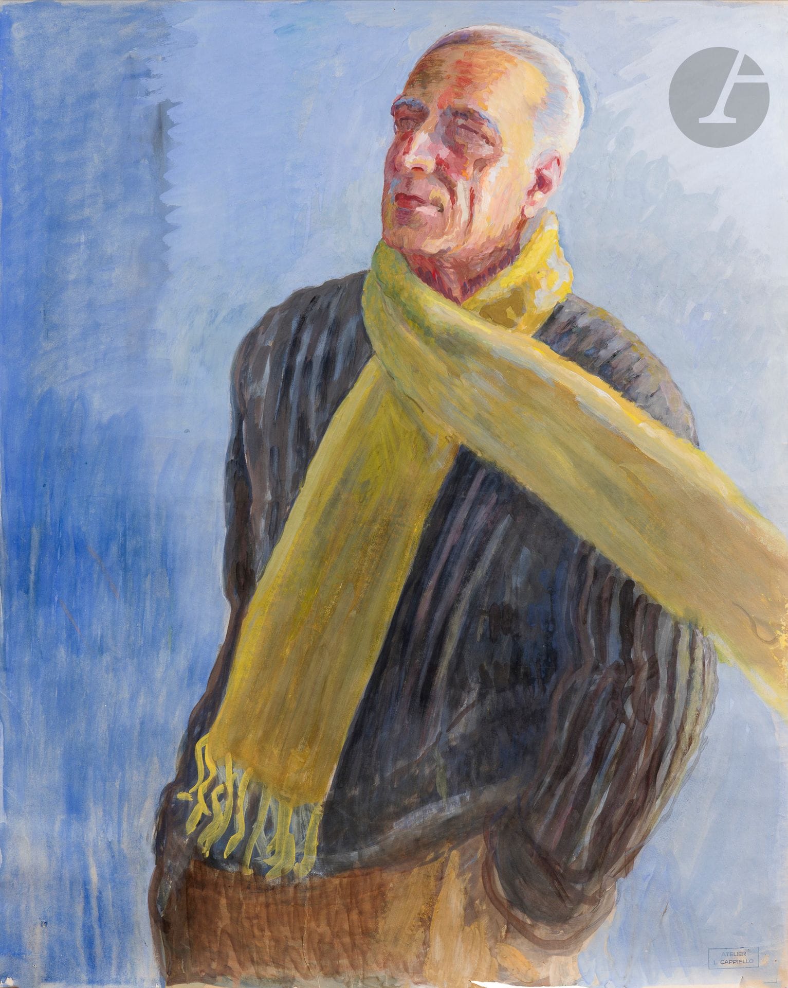 Leonetto CAPPIELLO (1875-1942) 
Self-portrait at 60
Oil on paper. 
Studio stamp lower right.
106 x 80 cm


As well-documented as his work as a caricaturist and poster artist is, there is a lack of art-historical work on his career as a portraitist. Yet his career as a portraitist is not insignificant!
From 1905 to the early 20s, he portrayed numerous celebrities from the world of arts and letters: his portrait of Henri de Régnier, dated 1910 and preserved at the Musée d'Orsay, is the only easily accessible testimony to this. Then, probably too busy with his many other activities, he painted only his family: the portrait of his wife Suzanne and their two children (now in the Livorno museum). In 1928, the Uffizi Museum in Florence commissioned a self-portrait for its artists' gallery*.
As much as his commissioned portraits are of academic realism, still claiming a "photographic" precision, our portrait, dating (according to the family) from his 60th birthday, is a total departure - it's a resolutely "modern" portrait of a chic, sporty man, against a background worked in light blue tones, a canvas painted in free, generous strokes where Cappiello doesn't forget the freedom given him by poster design: his scarf unfurls without the slightest concern for realism - but with great elegance! 

* n° 349 from the Grand Palais exhibition in Paris, 1981.