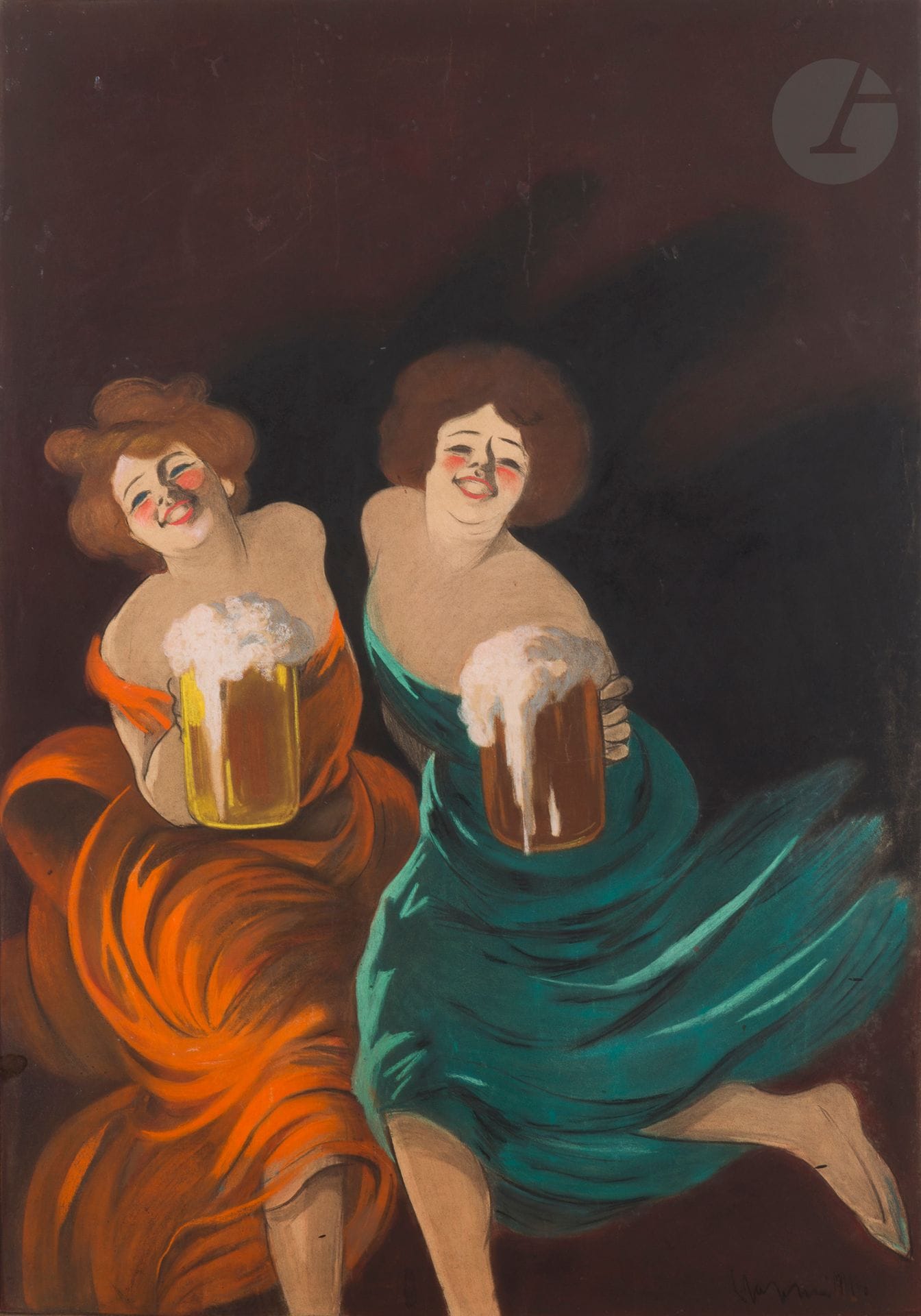 Leonetto CAPPIELLO (1875-1942)
Bière de La Fauvette, vers 1910
Technique mixte. Entoilée.
Signée vers le bas à droite.
(Petites déchirures. Taches et frottements). 
145 x 96 cm

Bibliographie : 
Rennert, p. 60, n° 36.

C’est sans doute simplement le joli nom de cette bière «La Fauvette» qui donna à Cappiello l’idée de les incarner dans deux charmantes buveuses qui, vu la taille de leurs chopes, ont visiblement grand soif.