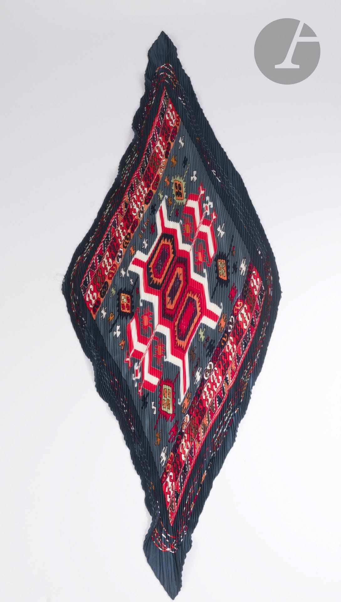 HERMES Paris
Kilim" silk twill pleated square, steel blue background. In box
