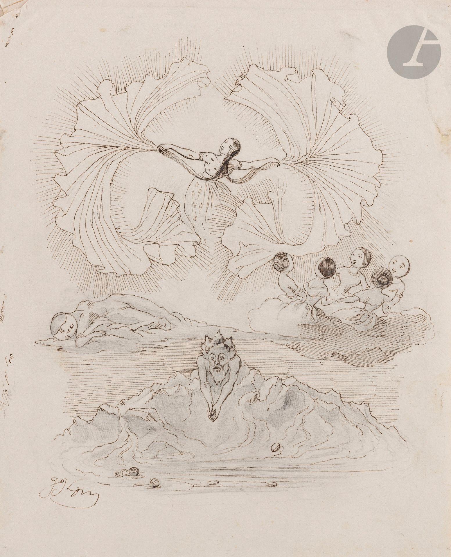 Jean Ignace Isidore GRANDVILLE (Nancy 1803 - Vanves 1847)
Sujet allégorique avec le soleil et la terre
Plume et encre brune, crayon noir et estompe.
Monogrammée en bas à gauche.
Numérotée en haut à gauche au verso du montage «G283».
Cartel en bas au centre sur le montage «J.J.Granville».
(Pliures et taches).
21x17cm

 Notre dessin est préparatoire à la gravure «Système de Fourier» illustrant le livre de Grandville (1803-1847), Un autre monde: transformations, visions, incarnations, ascensions, locomotions, explorations, pérégrinations, excursions, stations... / par Grandville édité par H. Fournier à Paris en 1844, à la dernière page du chapitre «Les Métamorphoses».