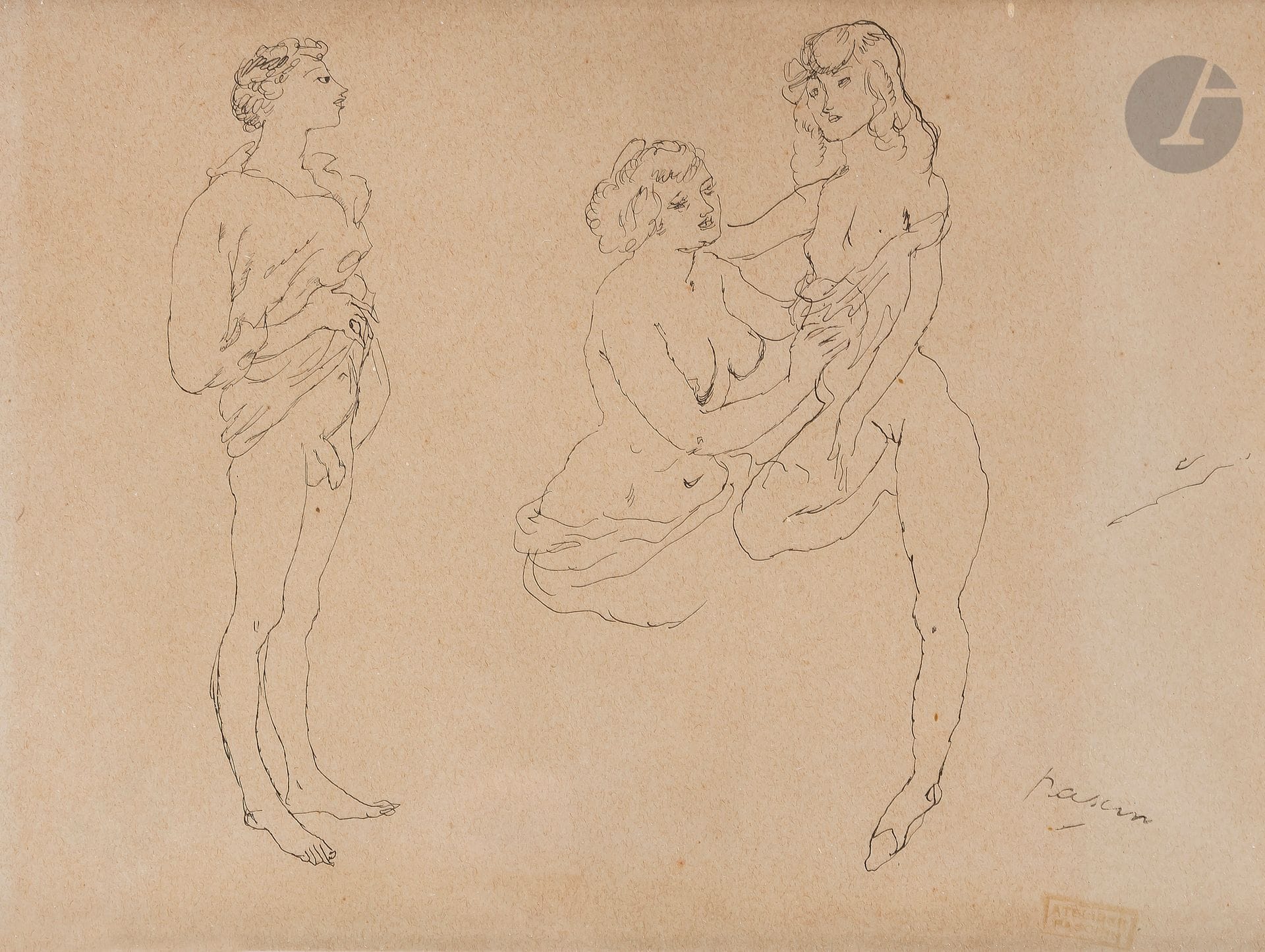 Julius Pincas dit PASCIN (1885-1930)
Deux femmes et un garçon, 1907
Encre.
Timbre de l’atelier en bas à droite.
(Papier insolé).
16,5x22cm

Exposition: 
Guy Krohg, Pascin, exposition réalisée au Japon 1984, n°70 reproduit.

Bibliographie:
Pascin. Catalogue raisonné. Peintures, aquarelles, pastels, dessins. Ed. Abel Rambert, Paris, Tome 1, n°120, reproduit page 79.