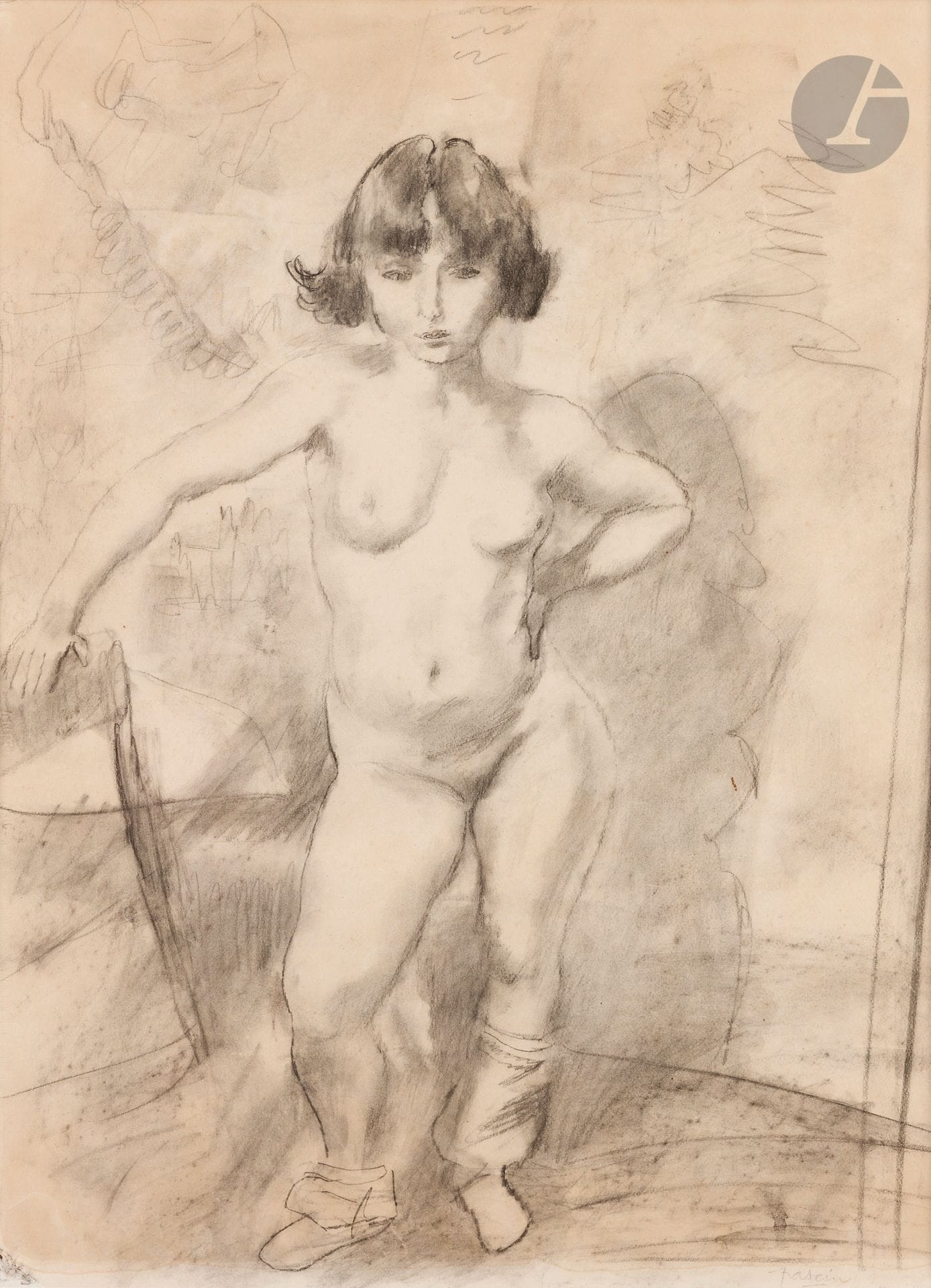 Julius Pincas dit PASCIN (1885-1930)
Le Petit nu
Fusain et estompe.
Signé en bas à droite.
60,5x44cm

Bibliographie:
- Pascin. Catalogue raisonné. Peintures, aquarelles, pastels, dessins. Ed. Abel Rambert, Paris, Tome 1, n°815, reproduit page 385.
- Paul Morand, Pascin, Ed. des Chroniques du Jour, Paris,1931, planche 28.

Expositions:
- Galerie Abel Rambert, Paris, octobre
1978, catalogue, reproduit.
- École de Paris, Japon, 1979, n°74 du
catalogue, reproduit.
- Nasjonalgalleriet, Bergen,
Trondhjem, Oslo,  janvier/juin 1980, catalogue, reproduit p. 59.
- Rétrospective Pascin au Salon
d’Automne, Grand Palais, Paris, 1980,
catalogue, reproduit.
- Hôtel de Ville, Paris, mars/ mai
1982, catalogue, reproduit.