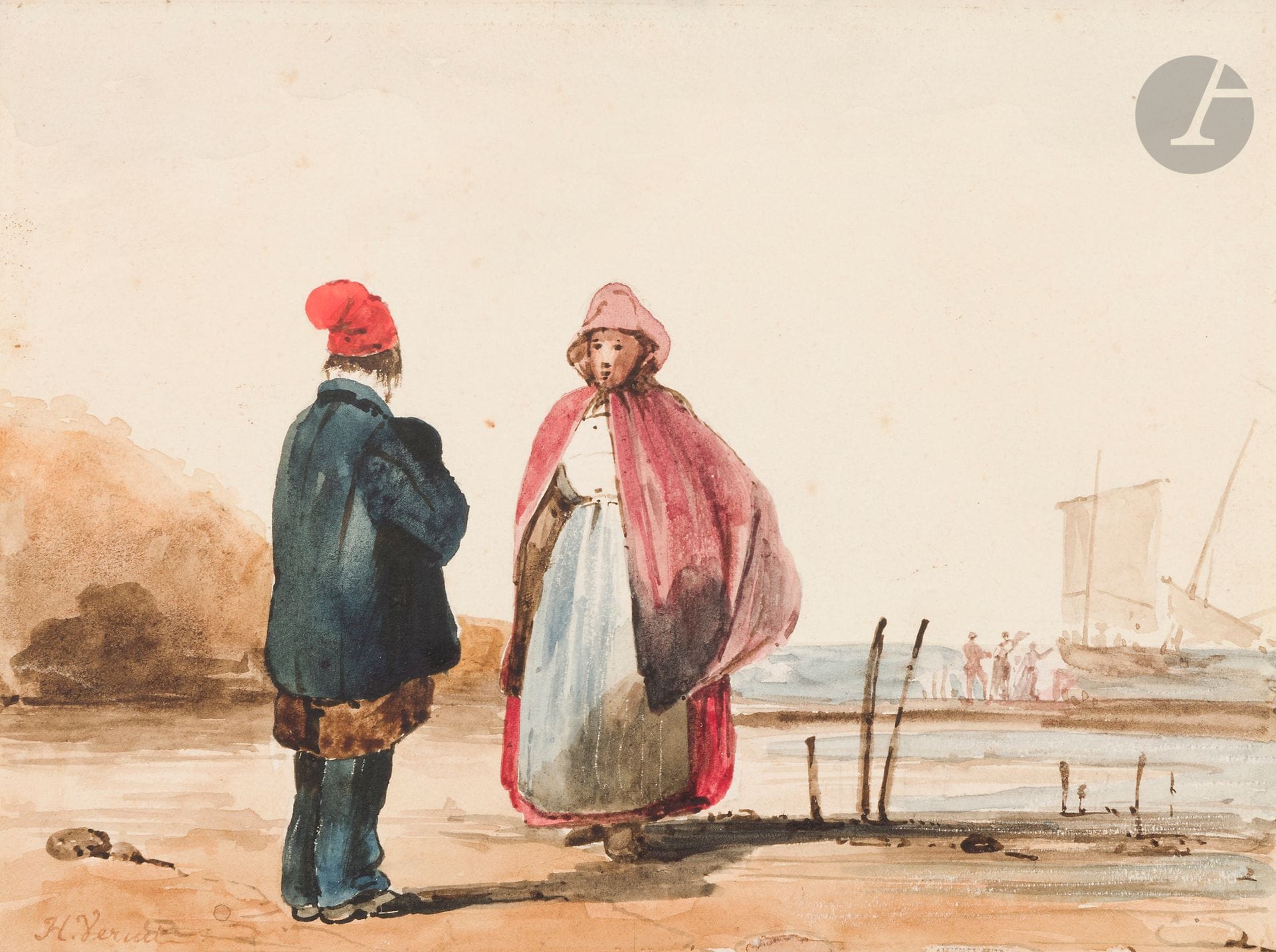 Horace VERNET (Paris 1789 - 1863)
Adieux sur la plage
Aquarelle gouachée.
Signée en bas à gauche.
(Quelques rousseurs).
12x16cm
