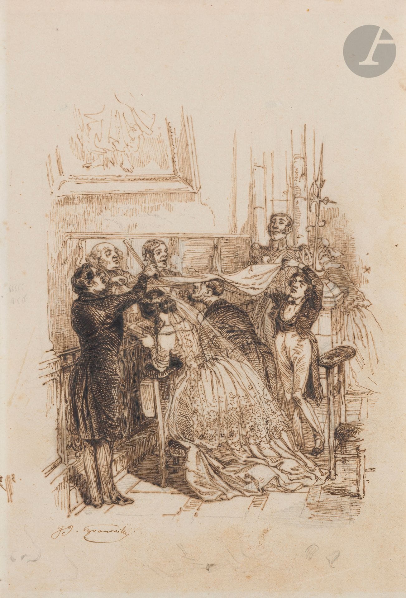 Jean Ignace Isidore GRANDVILLE (Nancy 1803 - Vanves 1847)
La Bénédiction des mariés
Plume et encre brune sur traits de crayon noir.
Signée en bas à gauche.
Numérotée en haut à gauche au verso du montage «G244».
Cartel en bas au centre sur le montage «J.J.Granville».
(Légèrement insolé, petites taches et petites pliures).
20x13,5cm
