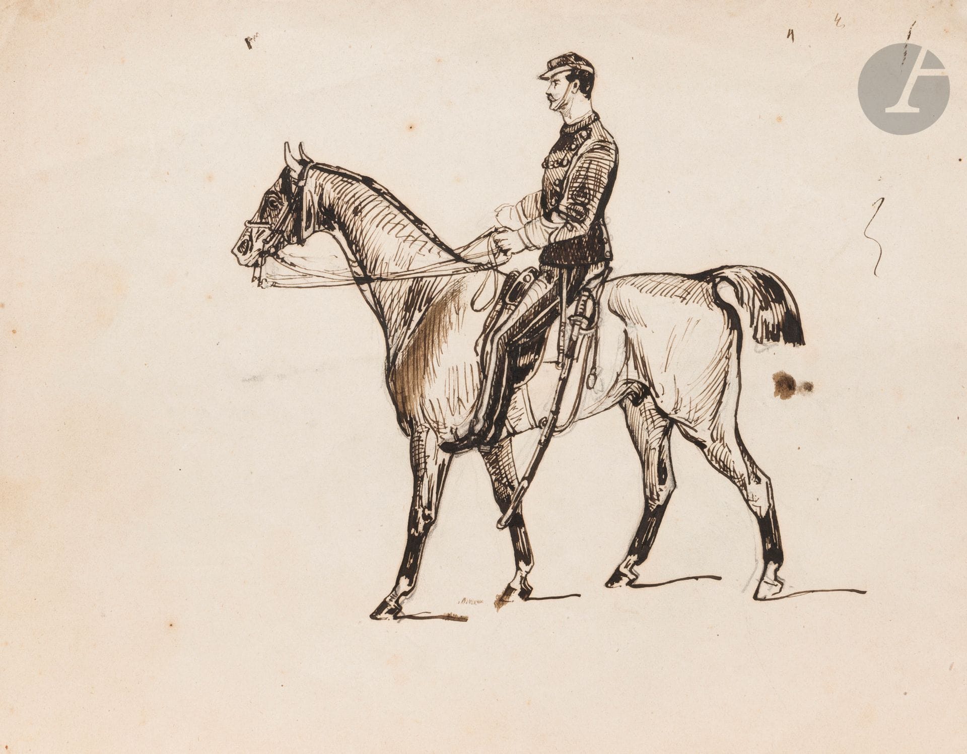 Attributed to Henri de TOULOUSE-LAUTREC (Albi 1864 - Saint André du Bois 1901)
Military on horseback
Pen and brown ink over black pencil lines.
Leaf folded in three with three other drawings: coat of arms and lions, alley landscape, two women tied to a post.
(Bends and small stains).
17.2x22.2cm

Provenance: Germaine Tapié de Céleyran
Germaine Tapié de Céleyran, cousin of Adèle, mother of Toulouse Lautrec, then by descent.