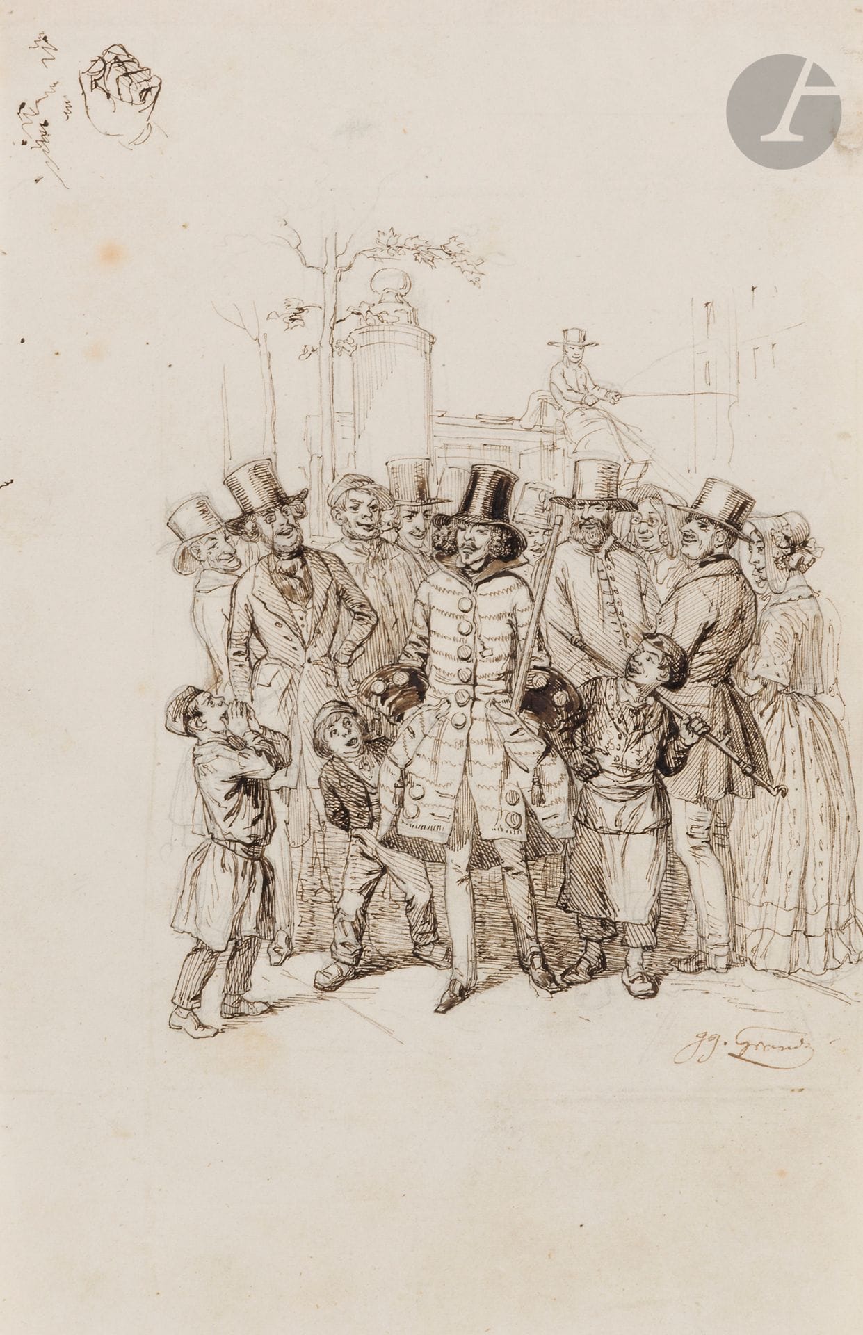 Jean Ignace Isidore GRANDVILLE (Nancy 1803 - Vanves 1847)
Dandy romantique moqué par la foule, esquisse d’une main en haut à gauche 
Plume et encre brune sur traits de crayon noir.
Signée en bas à droite.
Numérotée en haut à gauche au verso du montage «G269».
Cartel en bas au centre sur le montage «J.J.Granville».
(Légèrement insolé, petites taches et petit trou restauré en haut à droite).
20x13cm