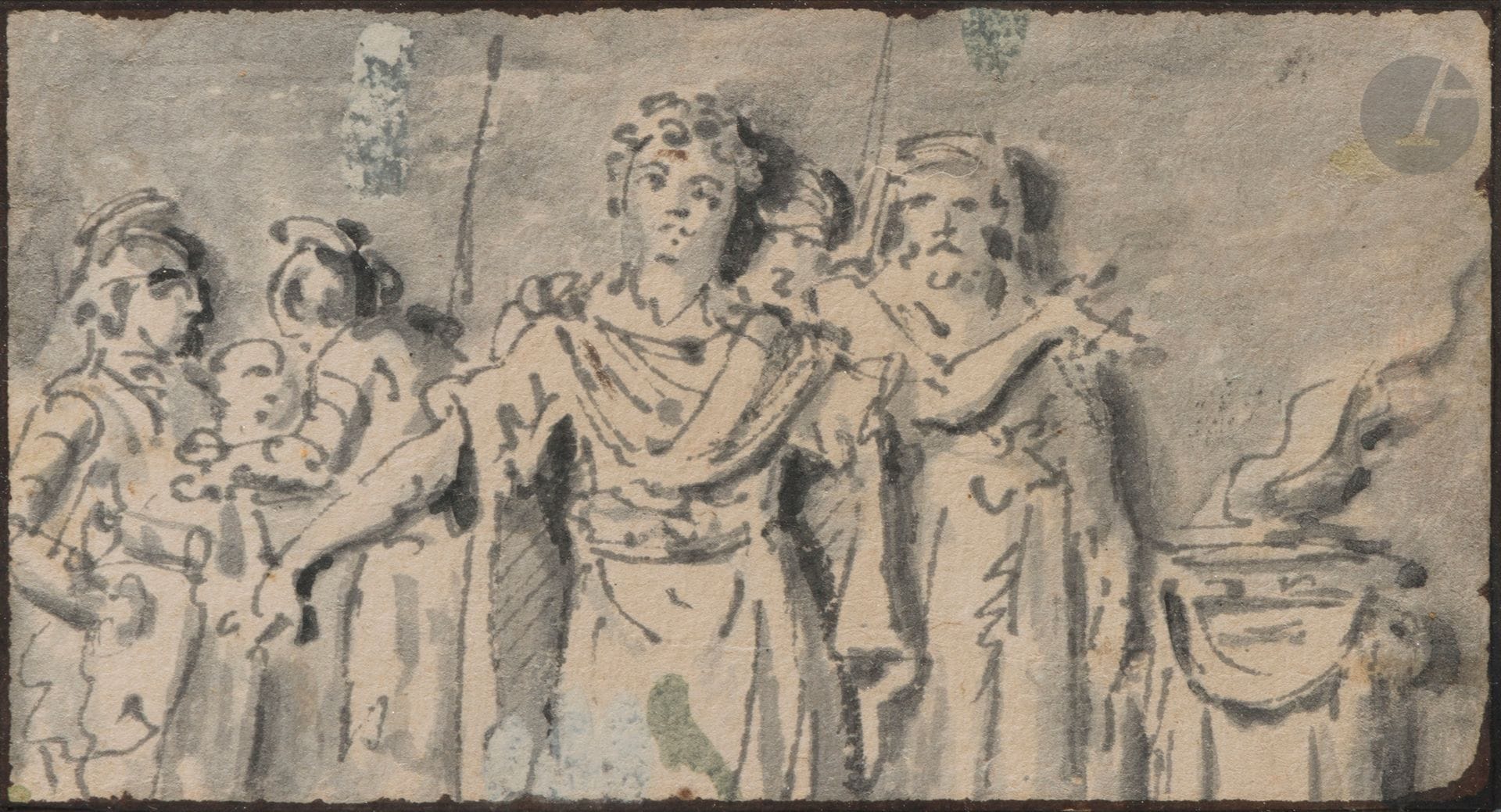 ÉCOLE FLAMANDE du XVIIIe siècle
Figure d’homme à l’antique assis
Plume et encre brune, lavis gris et gouache blanche.
(Collé en plein sur un montage ancien du XVIIIe siècle).
7,5x10,8cm.

On joint un autre dessin flamand du XVIIIe siècle sur un montage similaire.