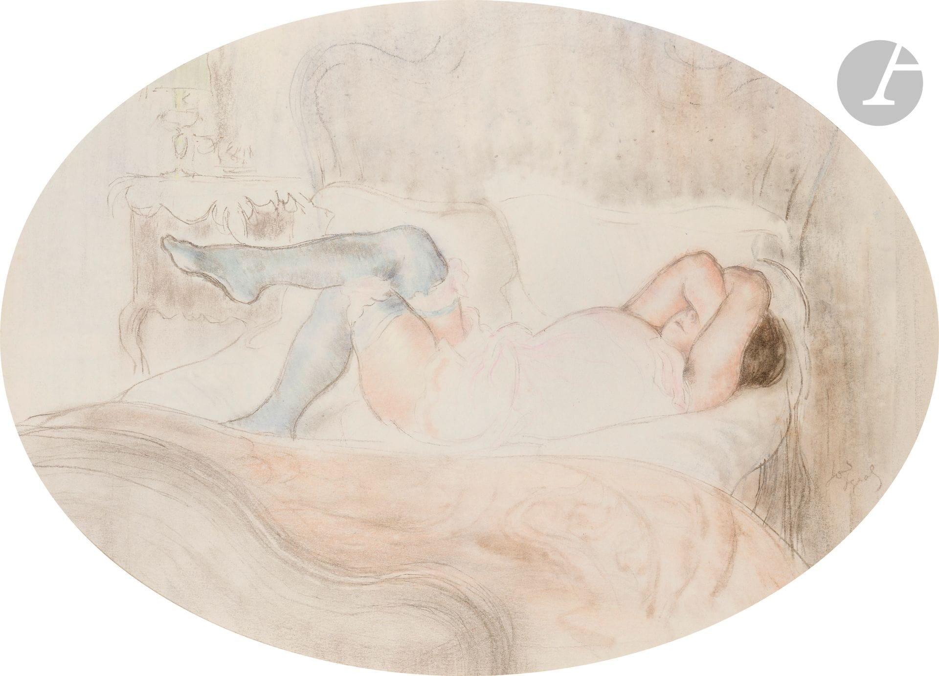 Louis LEGRAND (1863-1951)
Femme aux bas assoupie
Fusain et pastel.
Signé en bas à droite.
53x72cm (ovale)