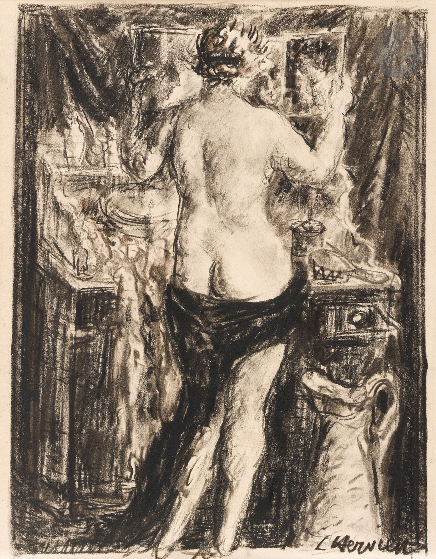 Louise HERVIEU (1878-1954)
Femme de dos à sa toilette
Craie Conté.
Signée en bas à droite.
25,2x19cm

Provenance:
Ancienne collection A. Normand, son cachet en bas à gauche (Lugt 153c).

Nous remercions Monsieur Guillaume d’Enfert, créateur des ARCHIVES LOUISE HERVIEU, de nous avoir confirmé l’authenticité de ce dessin et pour les informations qu’il nous a transmises.