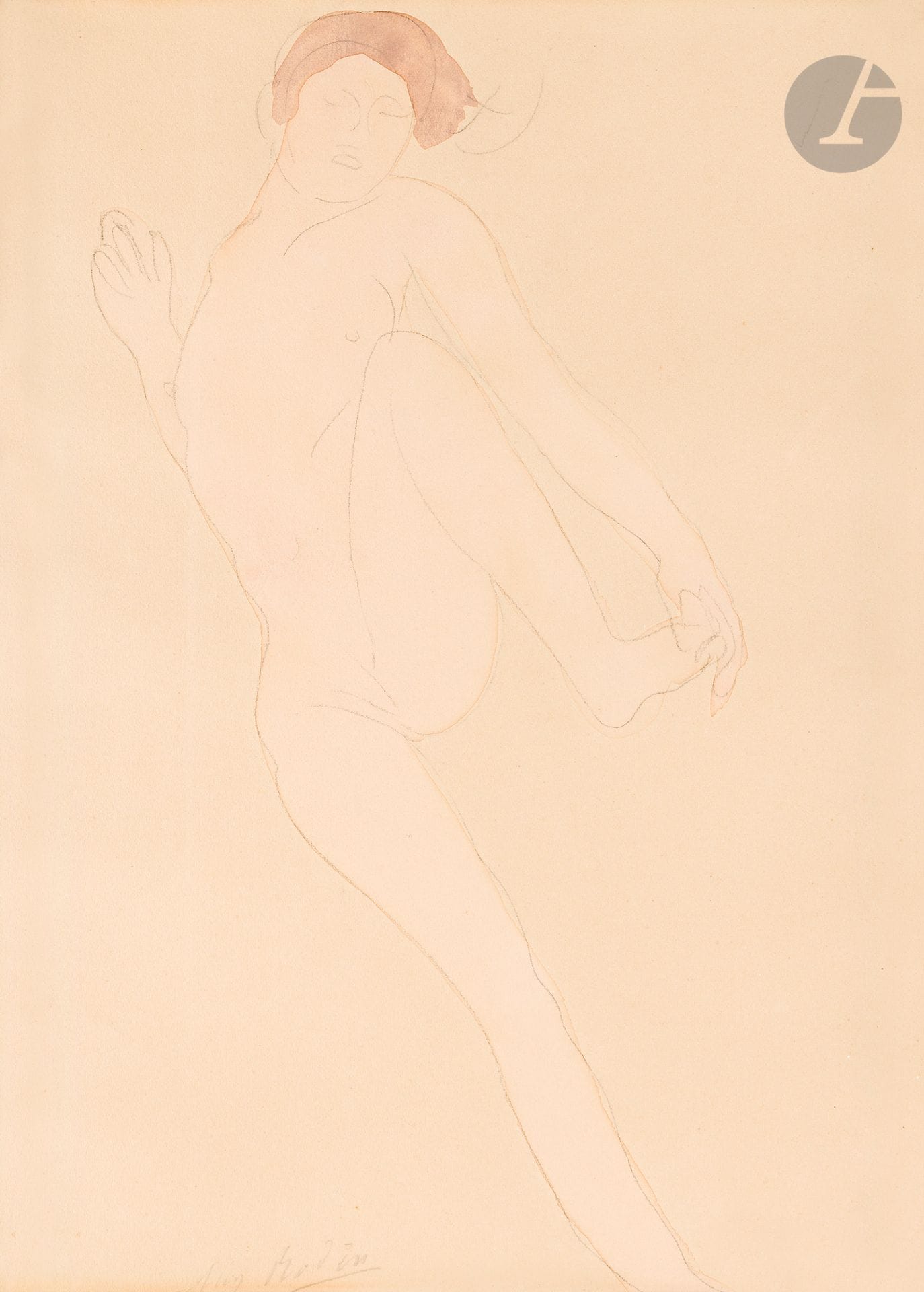 Auguste RODIN (1840-1917)
Femme nue à demi allongée, un pied dans la main (d’après le dessin dit Mercure), vers 1900
Graphite et aquarelle sur papier vélin.
Signé au graphite en bas à gauche: «Aug. Rodin».
Annotation non autographe au dos: «attache des ailes».
32x25cm

Un certificat d’inclusion au Catalogue raisonné des dessins d’Auguste Rodin en préparation par Madame Christina Buley-Uribe, en date du 1er juin 2024 sera remis à l’acquéreur. 

Rodin reste ici fidèle à son croquis préparatoire, retrouvé lui aussi au sein des collections du musée Rodin (Mercure, n° d’inventaire D. 828). Il s’agit d’une esquisse de femme allongée retourné à la verticale que Rodin a intitulé Mercure, sans doute du fait du geste du modèle qui, touchant son pied, évoque à l’artiste Mercure ajustant sa sandale. Dans sa version aquarellée, Rodin a décalqué son croquis initial positionné à la verticale et a remplacé le titre de Mercure par sa signature. Rodin est au sommet de son art de la simplification des lignes, de la mise en couleur unifiée, dans une maîtrise totale de l’épure dont des artistes comme Schiele et Matisse sont les héritiers directs.