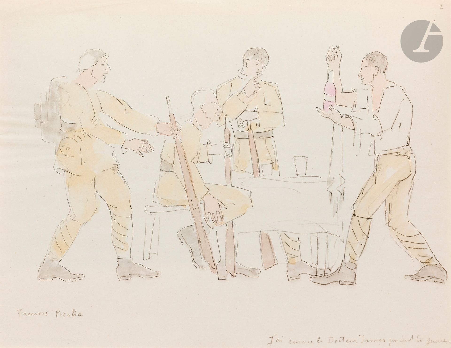 Francis PICABIA (1879-1953)
J’ai connu le Docteur James pendant la guerre, 1931
Crayon et aquarelle sur papier
Signé en bas à gauche, titré en bas à droite.
Annoté au verso «H-03673-015-002» et «101».
21x27cm

L’œuvre jointe à l’ouvrage d’André MAUROIS, Le Peseur d’Âmes, Antoine Roche, Paris, 1931, précédé d’un frontispice et suivi de huit illustrations de Francis Picabia, relié par R. Scheuchzer et enrichi d’une lettre autographe signée par le relieur ainsi que d’un ex-libris d’A. Bezençon-Corbaz.

Une attestation d’Olga Picabia confirmant l’authenticité du dessin ainsi qu’un certificat du Comité Picabia, en date du 25 octobre 2019, seront remis à l’acquéreur.