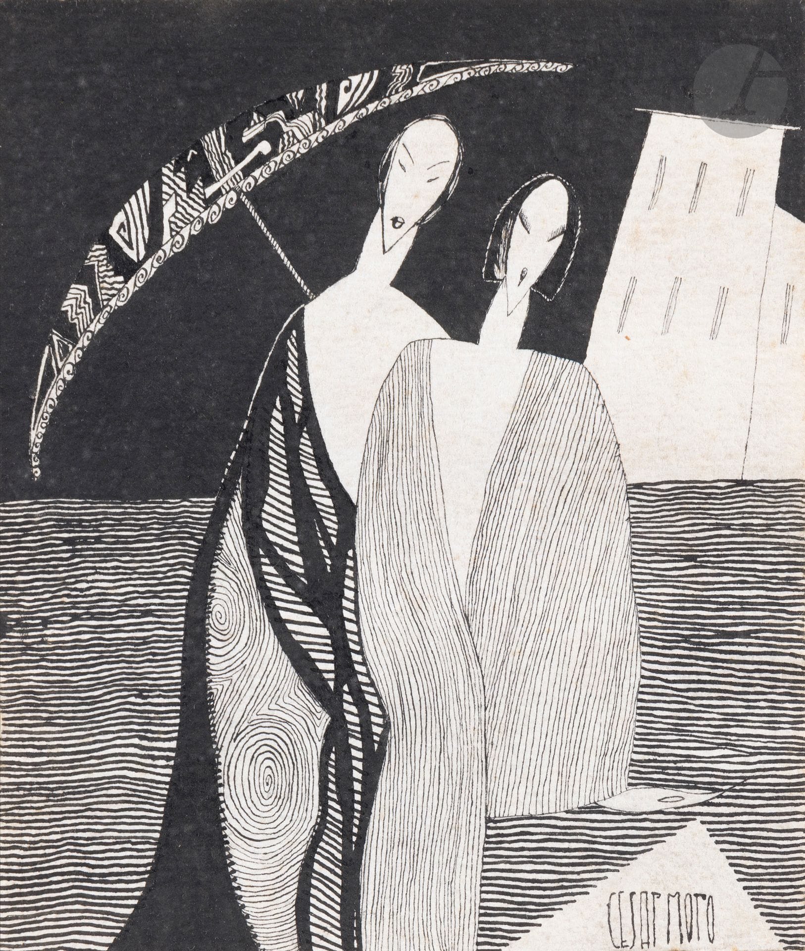 César MORO (1903-1956)
Women with parasols, circa 1924
Ink.
Signed lower right.
Pencil sketch on back.
15.5x13.5cm