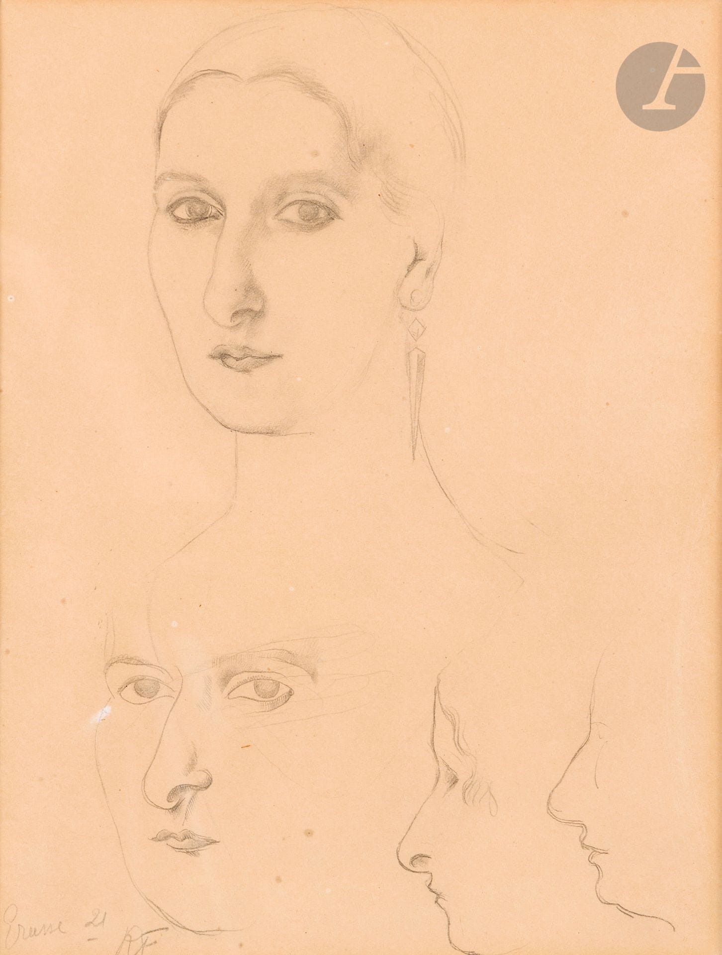 Roger de LA FRESNAYE (1885-1925)
Valentine Hugo et études de têtes, 1921
Mine de plomb.
Monogrammée, datée et située en bas à gauche.
26x20cm

Provenance: 
Collection de l’artiste Robert Lotiron - Par descendance.

Expositions: 
- Galerie Druet, Paris 1938, cat. n°43. 
- Musée National d’Art Moderne, Paris 1950, cat. n°147. 
- Roger de la Fresnaye, Il nobile Cubista, Museo d’arte Mendrioso, Suisse 2023.

Bibliographie: 
- Catalogue raisonné, Seligmann, n°484. 
- Enaud, Connaissance des Arts, Novembre 1965, p.125.