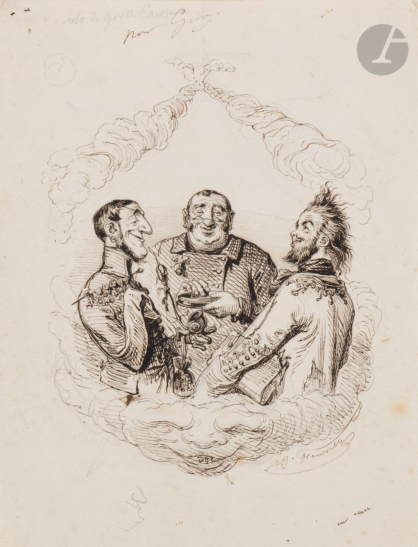 Jean Ignace Isidore GRANDVILLE (Nancy 1803 - Vanves 1847)
«Solo de grosse caisse»
Plume et encre brune, sur traits de crayon noir.
Signée en bas à droite, titrée et dédicacée dans le haut «A Geny».
Numérotée en haut à gauche au verso du montage «G268».
Cartel en bas au centre sur le montage «J.J.Granville».
(Légèrement insolé, petites taches).
25,5cmx19,5

 Le personnage à droite est le même que dans le dessin répertorié sous le n°289.