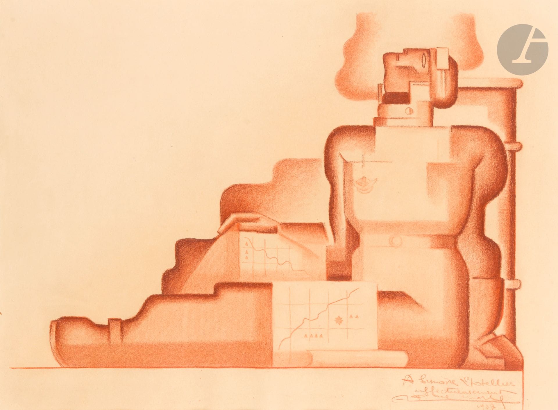 Félix DEL MARLE (1889-1952)
Aviateur, 1937
Sanguine.
Signée, datée et dédicacée «A Simone Lhotellier, affectueusement» en bas à droite.
38,5x52cm