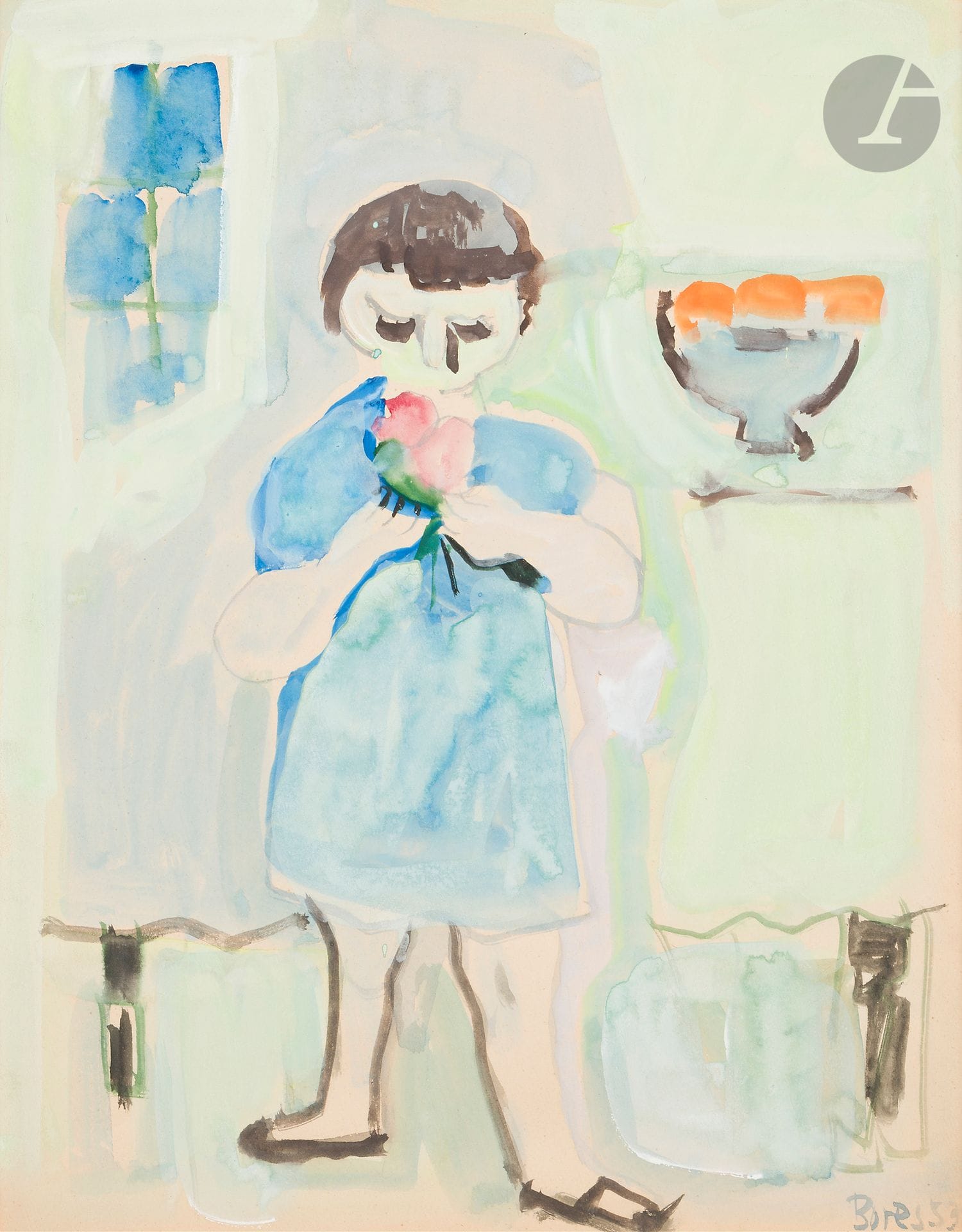 Francisco BORES (1898-1972)
Jeune fille au bouquet de fleurs, 1953
Aquarelle.
Signée et datée en bas à droite.
38x30cm