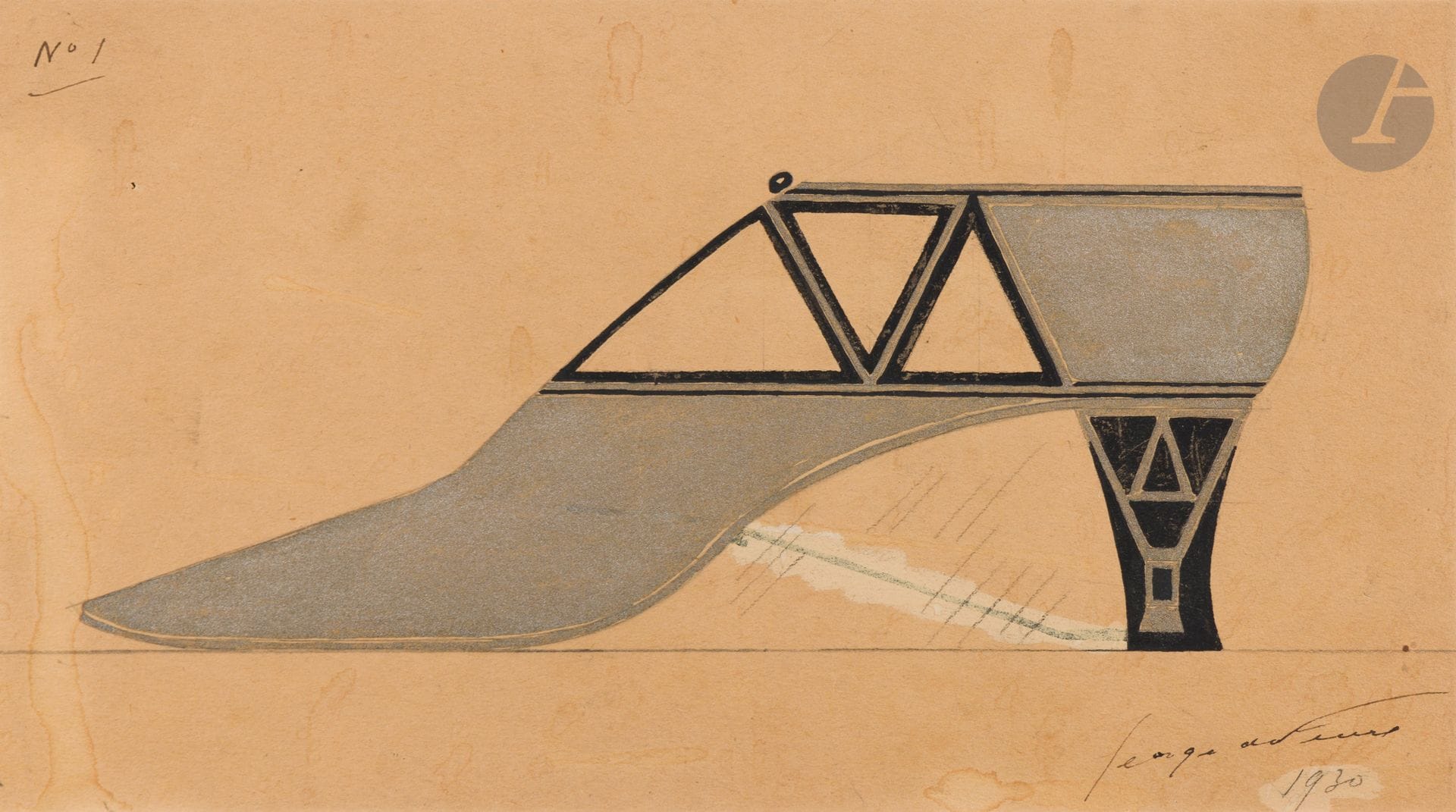 Georges DE FEURE (1868-1943)
Art Deco shoe n°1, 1930
Ink and gouache.
Signed and dated lower right.
15.5x28cm