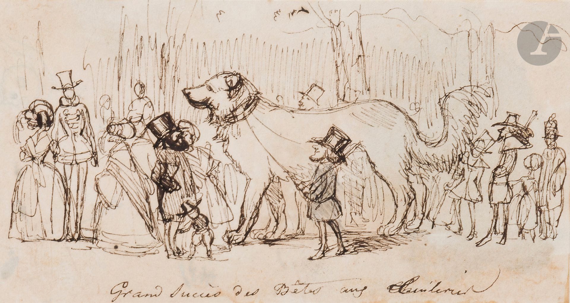 Jean Ignace Isidore GRANDVILLE (Nancy 1803 - Vanves 1847)
Grand succès des bêtes aux Tuileries
Plume et encre brune.
Légendée dans le bas «Grand succès des bêtes aux Tuileries».
Esquisses transparaissant au verso.
Numérotée en haut à gauche au verso du montage «G209».
Cartel en bas au centre sur le montage «J.J.Granville».
6,5x12,3cm