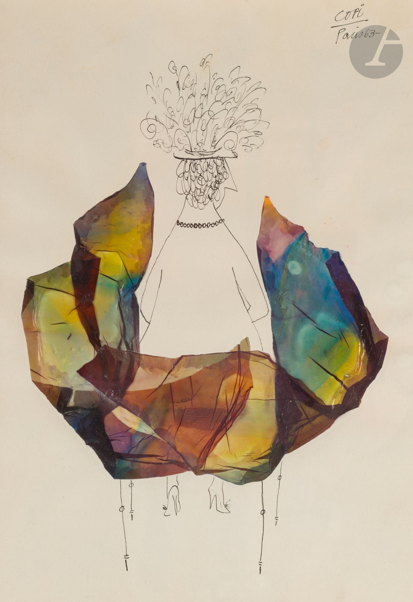 Raúl Damonte Botana, known as COPI (1939-1987)
Seated woman with hat, 1963
Black ink and collage.
Signed, located and dated upper right "Paris 63".
(Some very slight scattered foxing).
42x30cm
