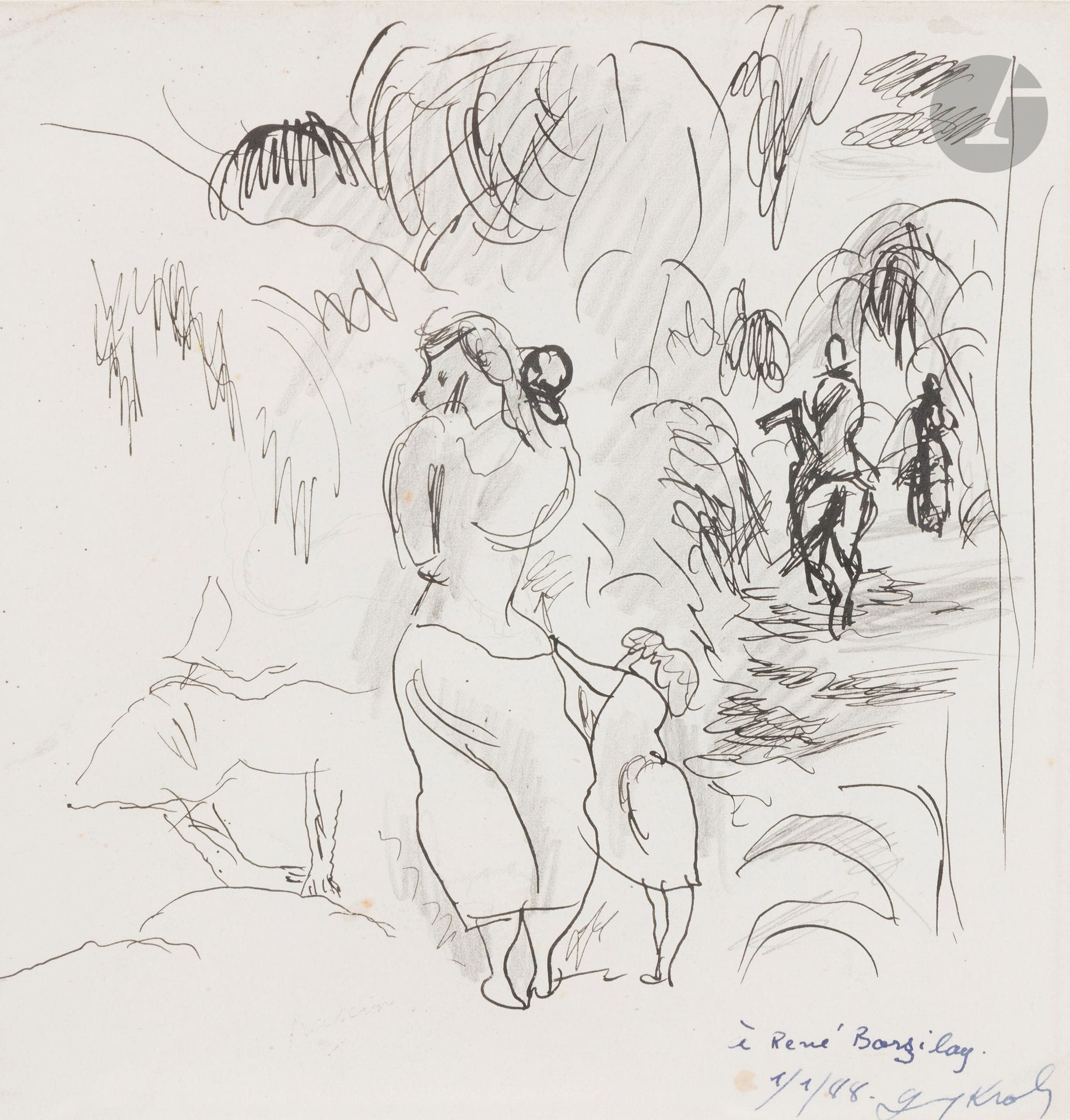 Julius Pincas dit PASCIN (1885-1930)
La Promenade
Encre et crayon.
Timbre de l’atelier.
Offert par Guy Krohg (d’après une annotation manuscrite en bas à droite).
21x21cm

Nous remercions le comité Pascin d’avoir confirmé l’authenticité de cette œuvre.