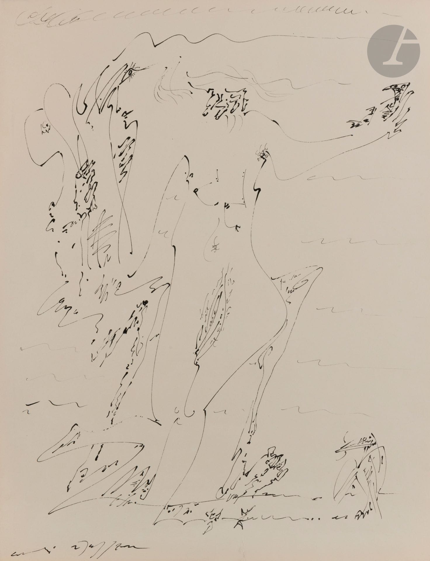 André MASSON (1896-1987)
La Jeune fille et la mort, 1960
Encre.
Signée en bas à gauche.
Titrée et datée au dos.
(Déchirure).
65x50cm