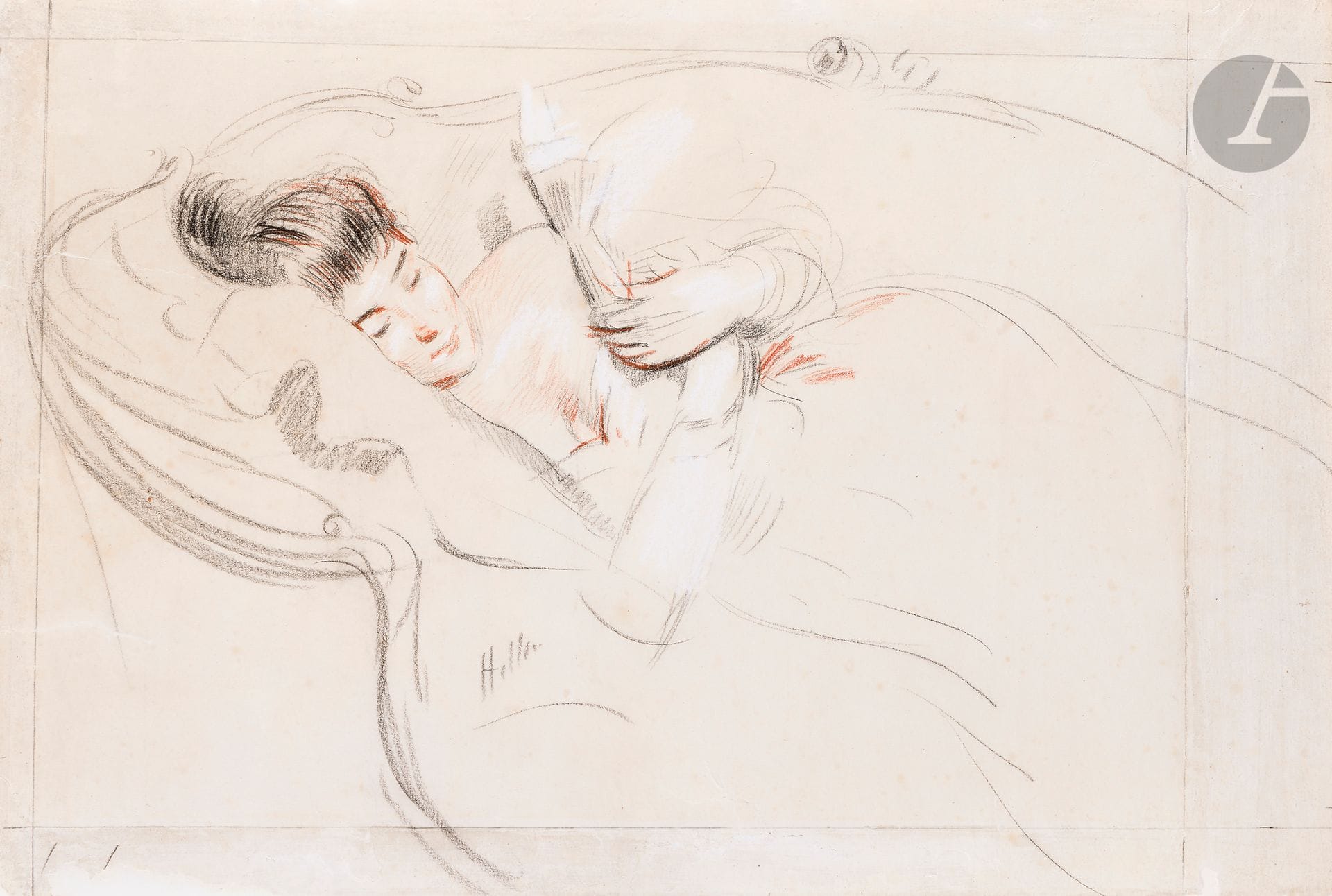 Paul César HELLEU (1859-1927)
Woman dozing on a couch
Three pencils.
Signed lower left.
(Restorations and foxing).
41.5x59cm

We would like to thank the Friends of Paul-César Helleu committee for confirming the authenticity of this drawing on the basis of a photograph. This drawing will appear in the digital catalog raisonné and carries the reference APCH DE1-8554 in the database.