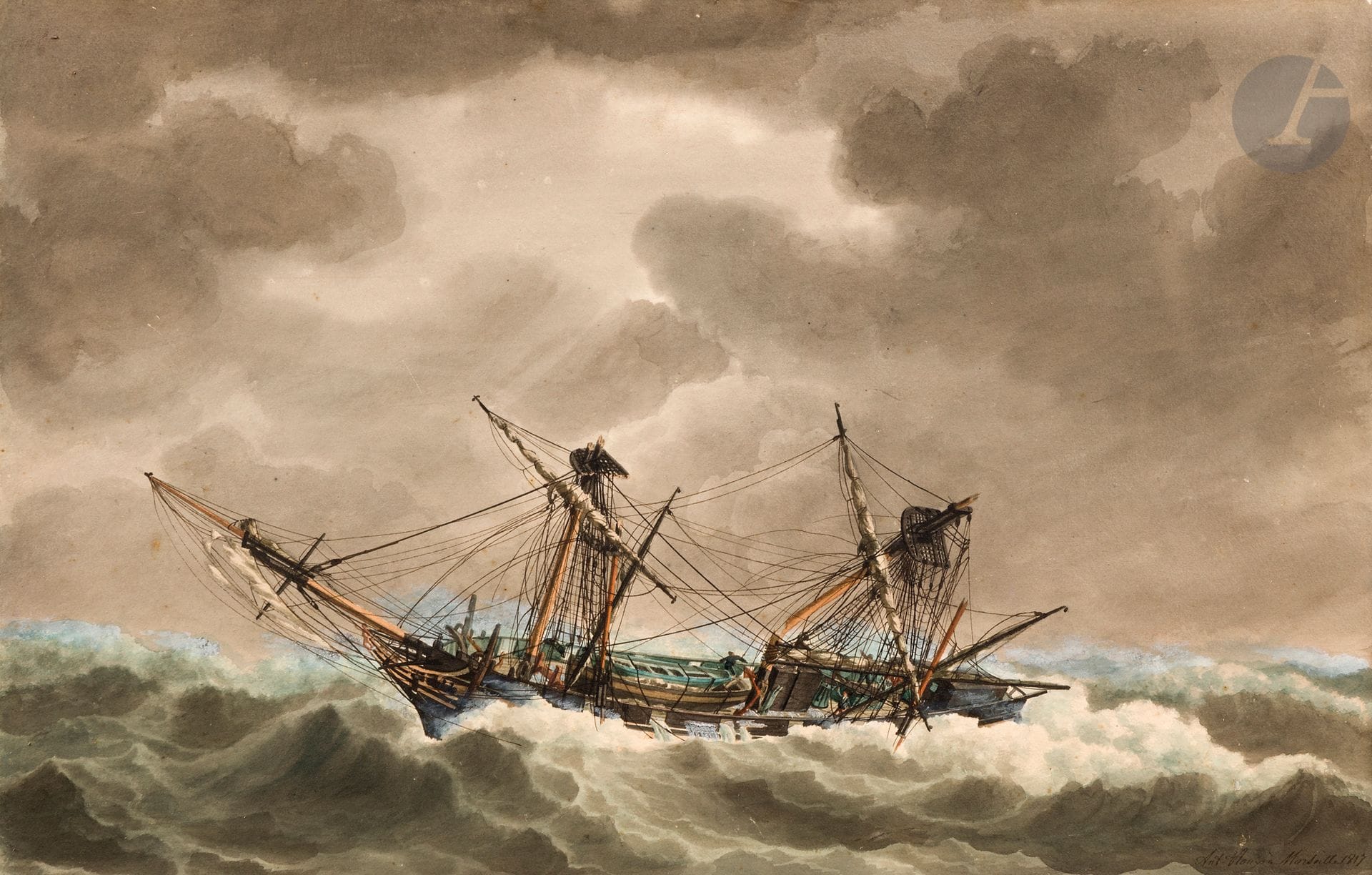 Antoine ROUX (Marseille 1765 - 1835)
Portrait du Désiré allant à la Martinique assailli d’un ouragan, 1816
Aquarelle et gouache 
Signée et datée en bas à droite: «A Roux». 
39x60,5cm

Nous remercions Monsieur Jérôme JACAZIO pour les informations qu’il nous a transmises. Antoine Roux fut le fondateur d'une famille marseillaise de peintres de marine et d'ex-voto.
