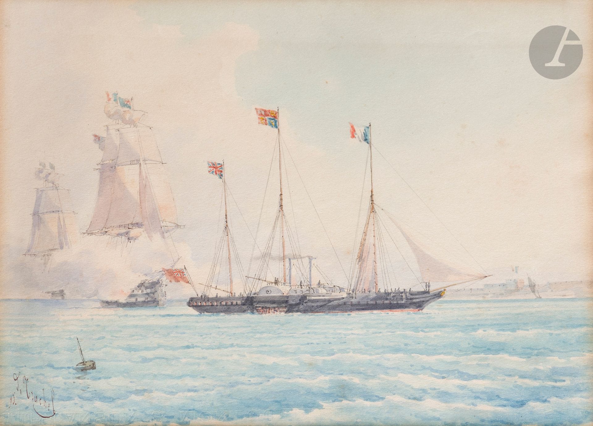 Domenico TRACHEL (Nice 1830 - 1897)
Escadre franco-anglaise, 1895
Aquarelle.
Signée et datée en bas à gauche.
24,5x34cm