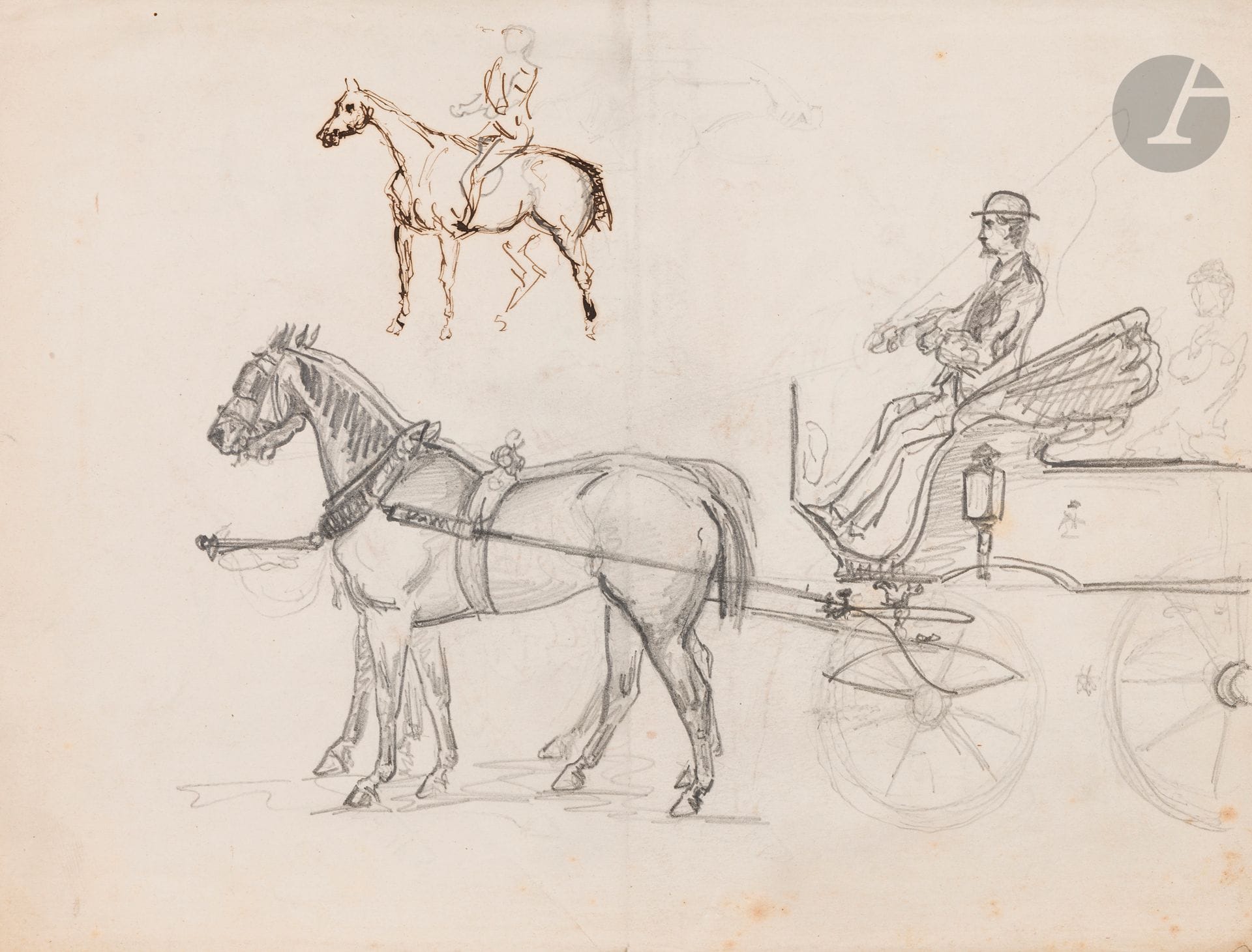 Attributed to Henri de TOULOUSE-LAUTREC (Albi 1864 - Saint André du Bois 1901)
Le Cabriolet
Pen and brown ink, black pencil.
Folded sheet with three other drawings: two drawings of Amazons and one drawing of horses, a small boat at top left.
(Folds and small stains).
18.2x23.5cm

Provenance: Germaine Tapié de Céleyran
Germaine Tapié de Céleyran, cousin of Adèle, mother of Toulouse Lautrec, then by descent.