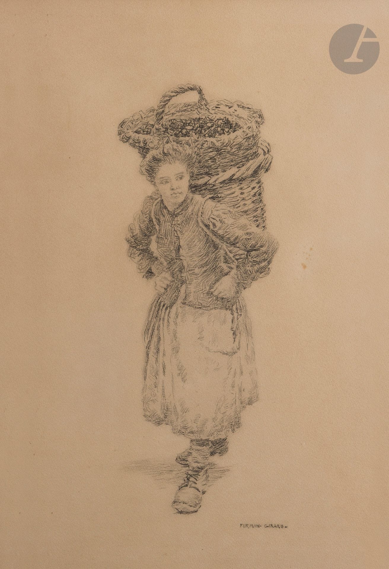 Marie François FIRMIN-GIRARD (1838-1921)
Young girl with basket
Black pencil.
Signed lower right.
(Small stains).
45x32cm

We would like to thank Mr. Patrick Faucheur for confirming the authenticity of this drawing and for the information he provided. It is said to be of a mussel gatherer on the beach at Ault Onival, where the artist spent summers at his villa. Our drawing will be included in the catalog raisonné currently being prepared by Marie François FIRMIN-GIRARD.