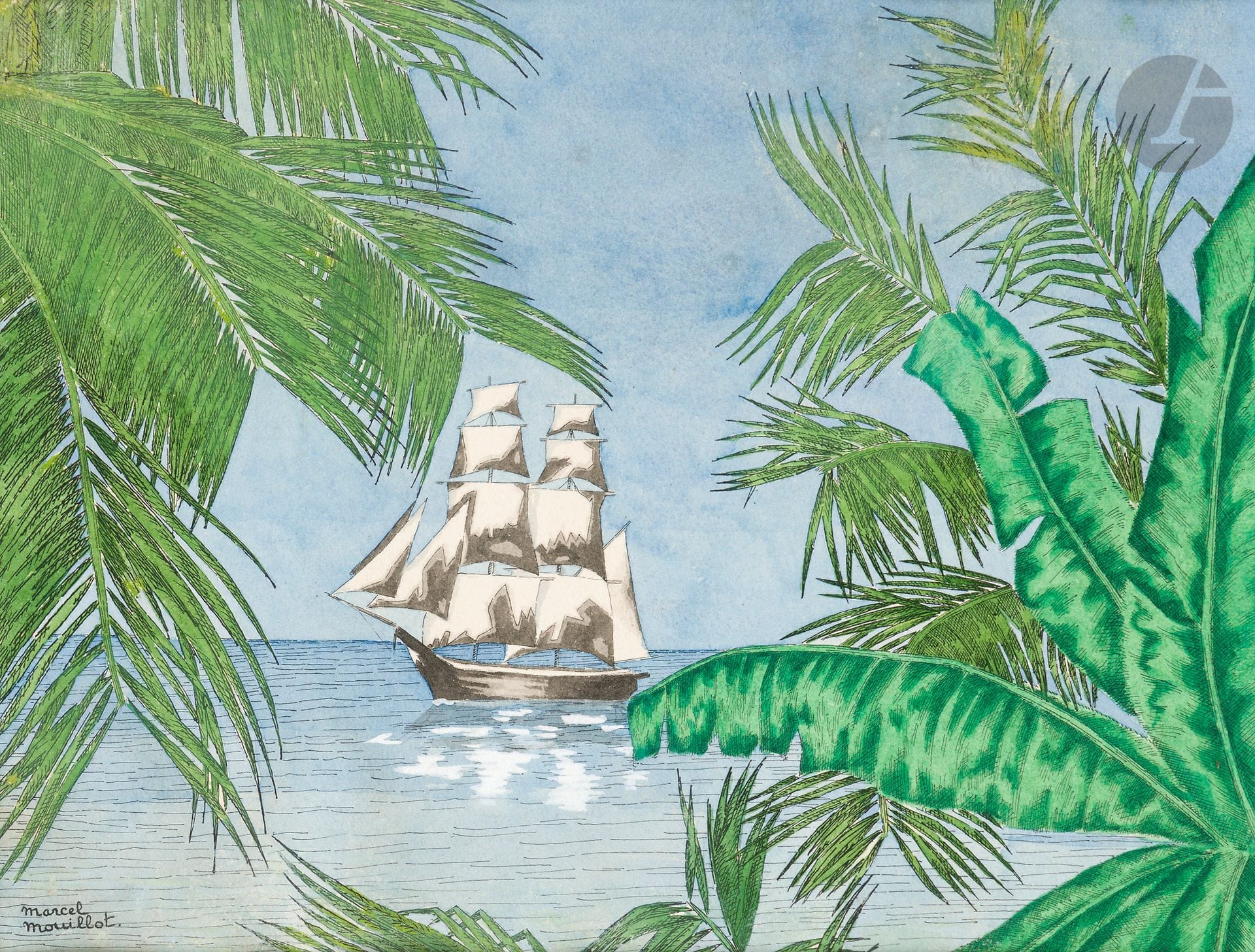 Marcel MOUILLOT (1889-1972)
Tahiti
Aquarelle, encre, lavis d’encre et rehauts de gouache blanche.
Signée en bas à gauche.
25x32,5cm