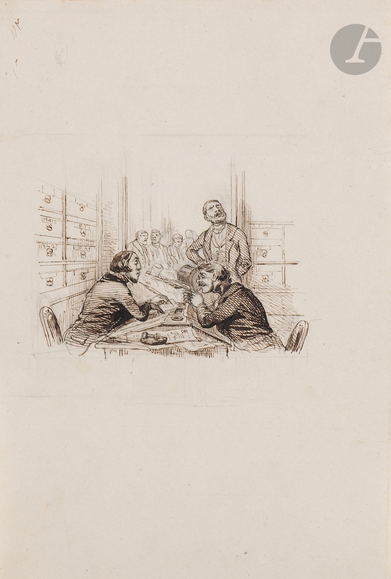 Jean Ignace Isidore GRANDVILLE (Nancy 1803 - Vanves 1847)
Chez le notaire
Plume et encre brune sur traits de crayon noir.
Numérotée en haut à gauche au verso du montage «G281».
Cartel en bas au centre sur le montage «J.J.Granville».
(Petites pliures).
20x13,5cm