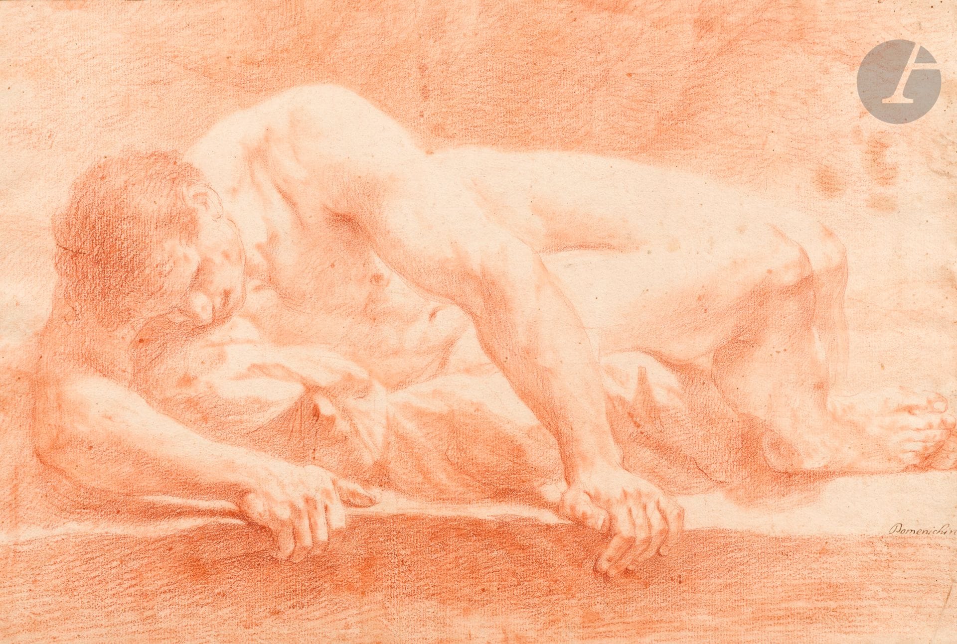 18th century ITALIAN COLLECTION 
Academy of a reclining man
Sanguine and stump.
Annotated lower right "Dominichino" and on verso various annotations in black pencil. 
(Slightly faded, stains).
33x48,6cm