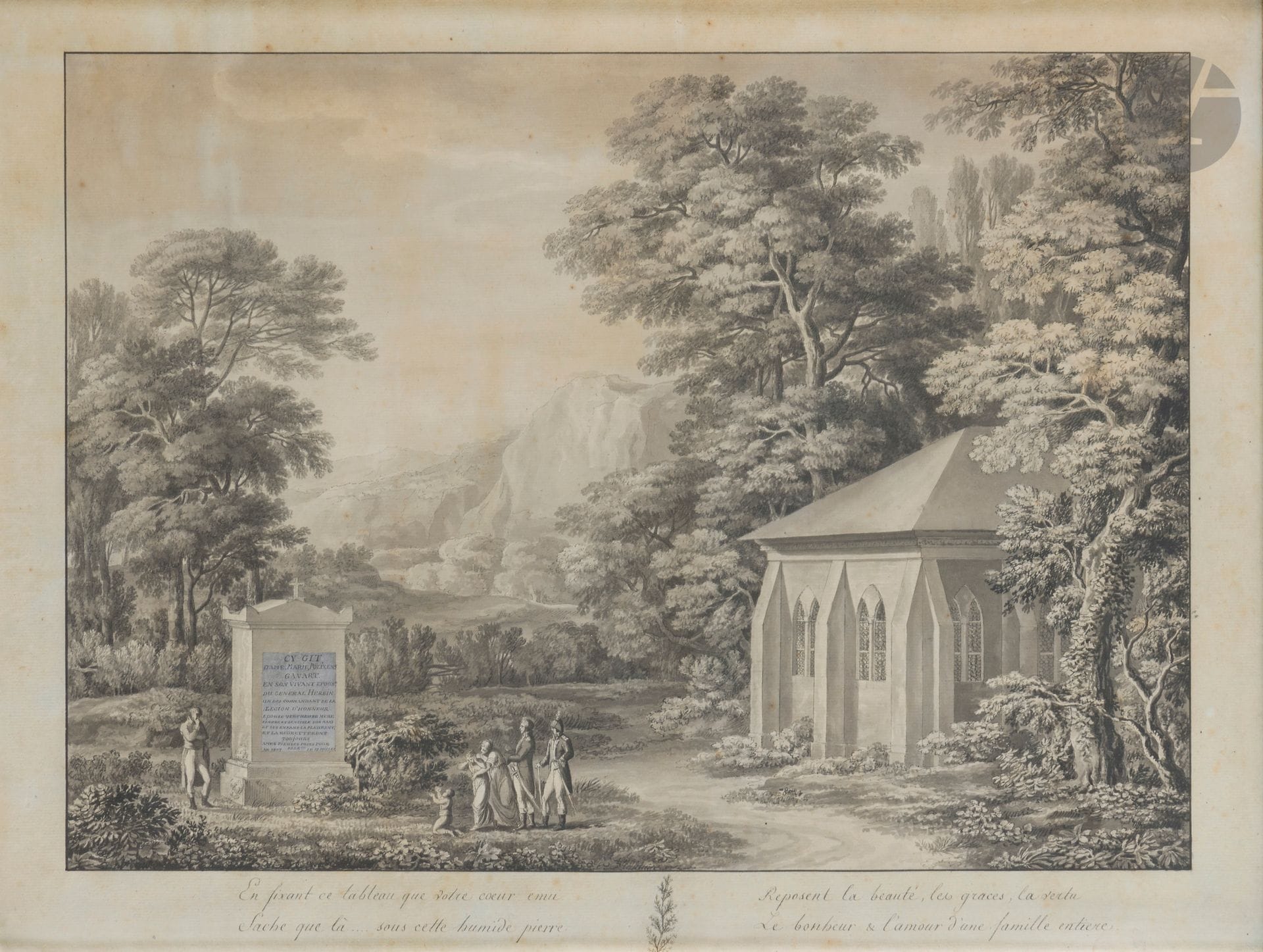 Attribué à Johann Konrad Gessner (Zurich 1764 - 1826)
Le Tombeau de Madame Gavart Herbin à Chambéry en 1807
Plume, encre de Chine, lavis gris et rehauts de gouache blanche.
(Taches).
35,7x49,5cm