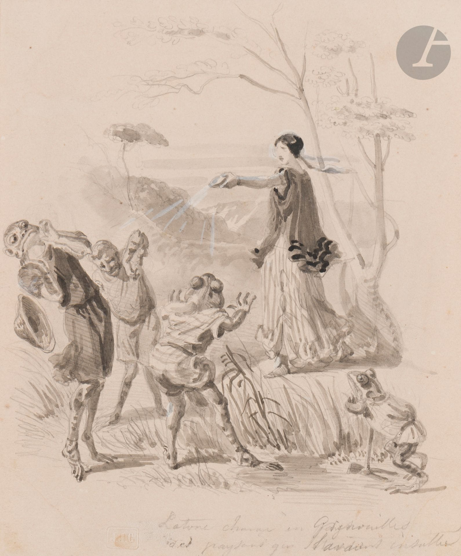 Jean Ignace Isidore GRANDVILLE (Nancy 1803 - Vanves 1847)
Latone change en grenouille les paysans de Lycie
Lavis gris sur traits de crayon noir et rehauts de gouache blanche.
Légendé dans le bas:«Latone change en grenouille les paysans qui l’avait insulté».
Numéroté en haut à gauche au verso du montage «G225».
Cartel en bas au centre sur le montage «J.J.Granville».
(Petites taches).
18,5x15,5cm

Provenance:
Cachet à sec de la vente de l’atelier (Lugt 1478a).