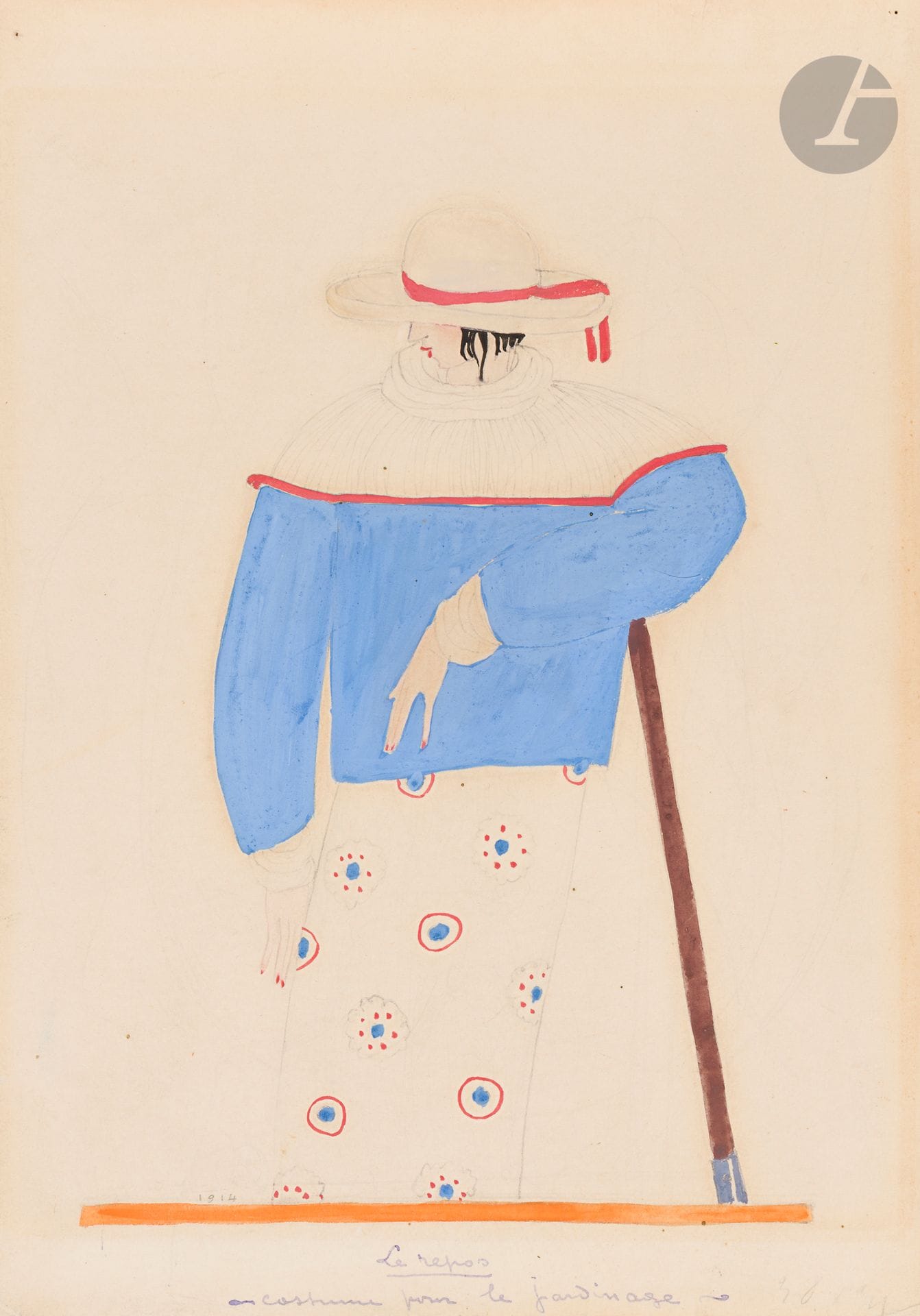 Georges LEPAPE (1887-1971)
Le Repos, costume pour le jardinage, 1914
Gouache et encre sur traits de crayon sur papier contrecollé sur carton.
Datée en bas à gauche.
Titrée en pied.
Non signée.
27x19cm