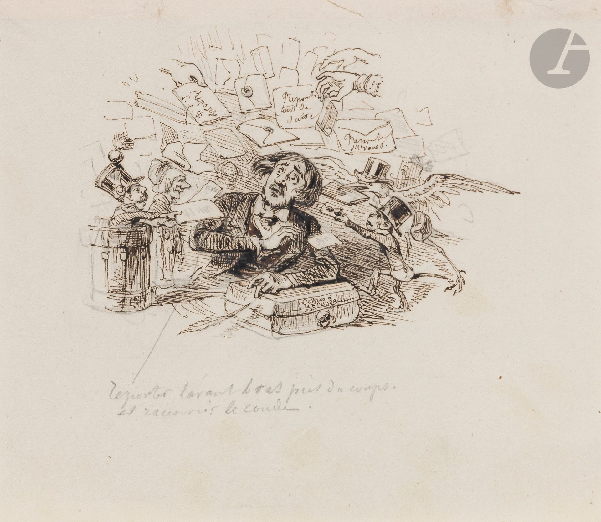 Jean Ignace Isidore GRANDVILLE (Nancy 1803 - Vanves 1847)
Un montage comprenant deux dessins: Femmes et fumeur, reprise des figures dans le bas /Lettres à répondre
Plume et encre brune, sur traits de crayon noir.
Le premier est dédicacé «Pour mr Barbant», annoté «un peu relevé les deux femmes» en bas à droite au crayon noir, et numéroté en haut à droite «2»; le deuxième est annoté en bas au centre«reporter l’avant-bras près du corps et raccourcir le coude».
Numérotée en haut à gauche au verso du montage «G232». 
Cartel en bas au centre sur le montage «J.J.Granville».
(Légèrement insolé, petites taches et petites pliures).
12x14cm chacun