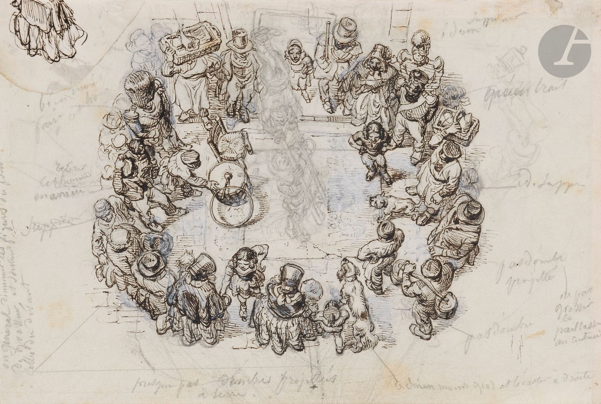 Jean Ignace Isidore GRANDVILLE (Nancy 1803 - Vanves 1847)
Animated circus ring seen from above, with the main figure next to it on the right edge. 
Pen and brown ink, over black pencil lines and white gouache highlights.
Various annotations on the drawing.
Piece of paper added at top left.
Numbered top left on verso of mount "G305".
Label at bottom center on mount "J.J.Granville".
(Slightly oiled, small stains and small folds).
13x23,5cm

 Our drawing is preparatory to the engraving "Je vous quitte sans regret, ô hommes qu'en des jours de folie j'ai appelé mes amis; vous ressemblz à ces saltimbanques que je vois en ce moment danser sur la place publique" illustrating the book by Grandville (1803-1847), Un autre monde: transformations, visions, incarnations, ascensions, locomotions, explorations, peregrinations, excursions, stations... / by Grandville published by H. Fournier, Paris, 1844, page 16.