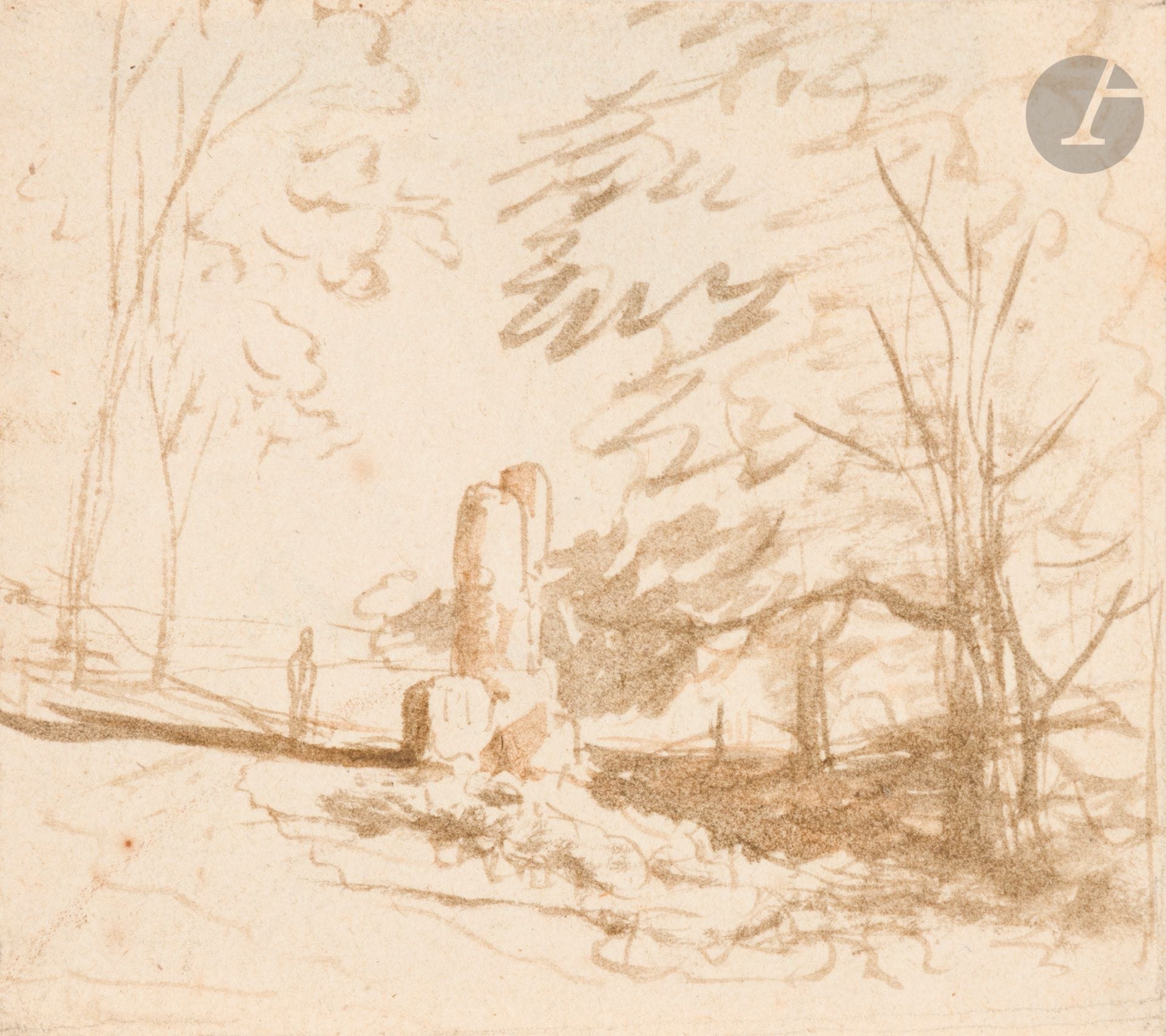 Jean-Louis DEMARNE (Brussels 1752 - Batignolles 1829)
La Halte des voyageurs
Brown wash over black pencil.
Sketch on verso. 
(Small stains).
7x17.3cm

Another drawing by the same artist.
 
Provenance:
Former C. Saunier collection. Saunier, stamped lower right (Lugt 567a).