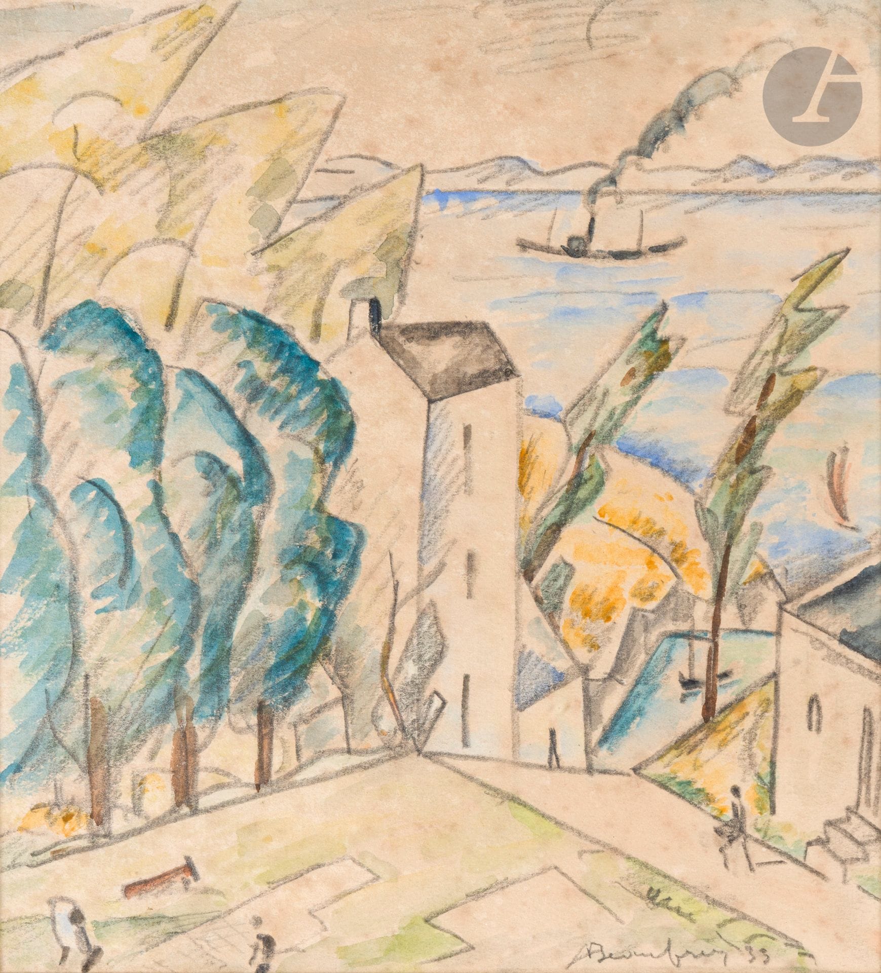 Adolphe-Marie BEAUFRÈRE (1876-1960)
Village en bord de mer, 1933
Aquarelle et crayon.
Signée et datée en bas à droite.
20x18,5cm