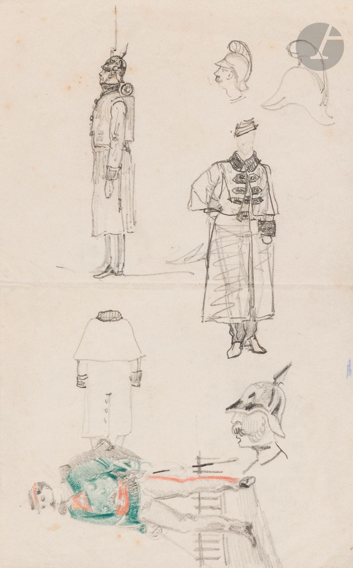 Attributed to Henri de TOULOUSE-LAUTREC (Albi 1864 - Saint André du Bois 1901)
Study sheet with German soldiers, helmet and costume covers
Black pencil and colored pencils.
Black liserais sheet folded in four with a Toulouse postmark. 
(Bends and stains).
21x26,5cm

Provenance: Germaine Tapié de Céleyran
Germaine Tapié de Céleyran, cousin of Adèle, mother of Toulouse Lautrec, then by descent.