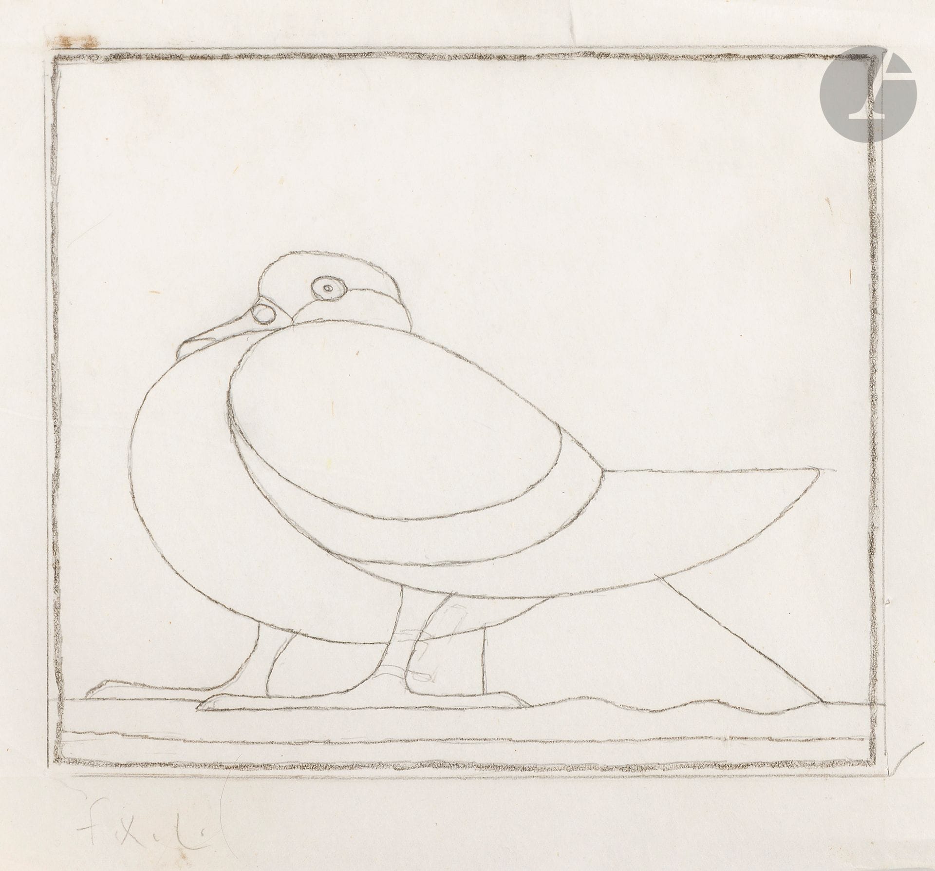 François-Xavier LALANNE (1924 - 2008)
Pigeon
Graphite on tracing paper.
Monogrammed lower right.
(Tear on upper edge not affecting subject).
22x26cm

This is the preparatory drawing for the engraving reproduced in Patrick Mauriès, Lalanne Bestiaires, Paris, Presses de Serendip, 2002.
