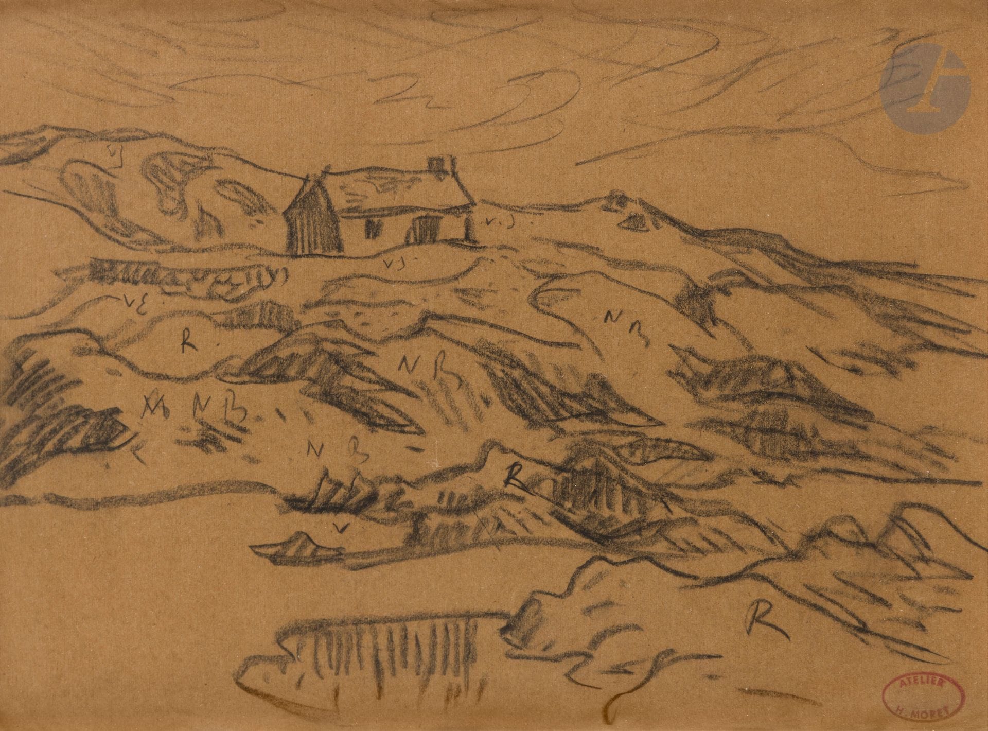Henry MORET (1856-1913)
Maison bretonne au-dessus de la côte
Fusain.
Annotation manuscrite des indications de couleur.
Cachet de la vente d’atelier en bas à droite (Lugt 5251).
(Insolé, petits plis épars).
23x31,5cm

Provenance: 
- Atelier de l’artiste (n° inventaire HM 312).
- Vente Ader Picard Tajan, Hôtel Drouot, 30 octobre 1990, salle 7, lot 71.
- Vente Rémi Ader, Hôtel Drouot, salle 2, 4 décembre 1996, lot 48.