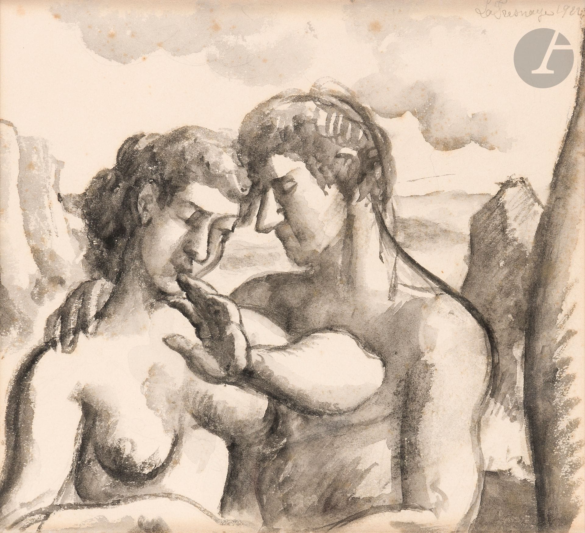 Roger de LA FRESNAYE (1885-1925)
Le Couple, 1922.
Lavis d’encre.
Signé et daté en haut à droite.
20,5x23cm

Provenance: 
Collection de l’artiste Robert Lotiron - Par descendance.

Exposition: 
- Musée National d’Art Moderne, Paris, 1950, cat. n°174. 
- Roger de la Fresnaye, Il nobile Cubista, Museo d’arte Mendrioso, Suisse 2023, cat n°104 reproduit.

Bibliographie: 
Catalogue raisonné, Seligmann, n°422 avec une date erronée, 1924.