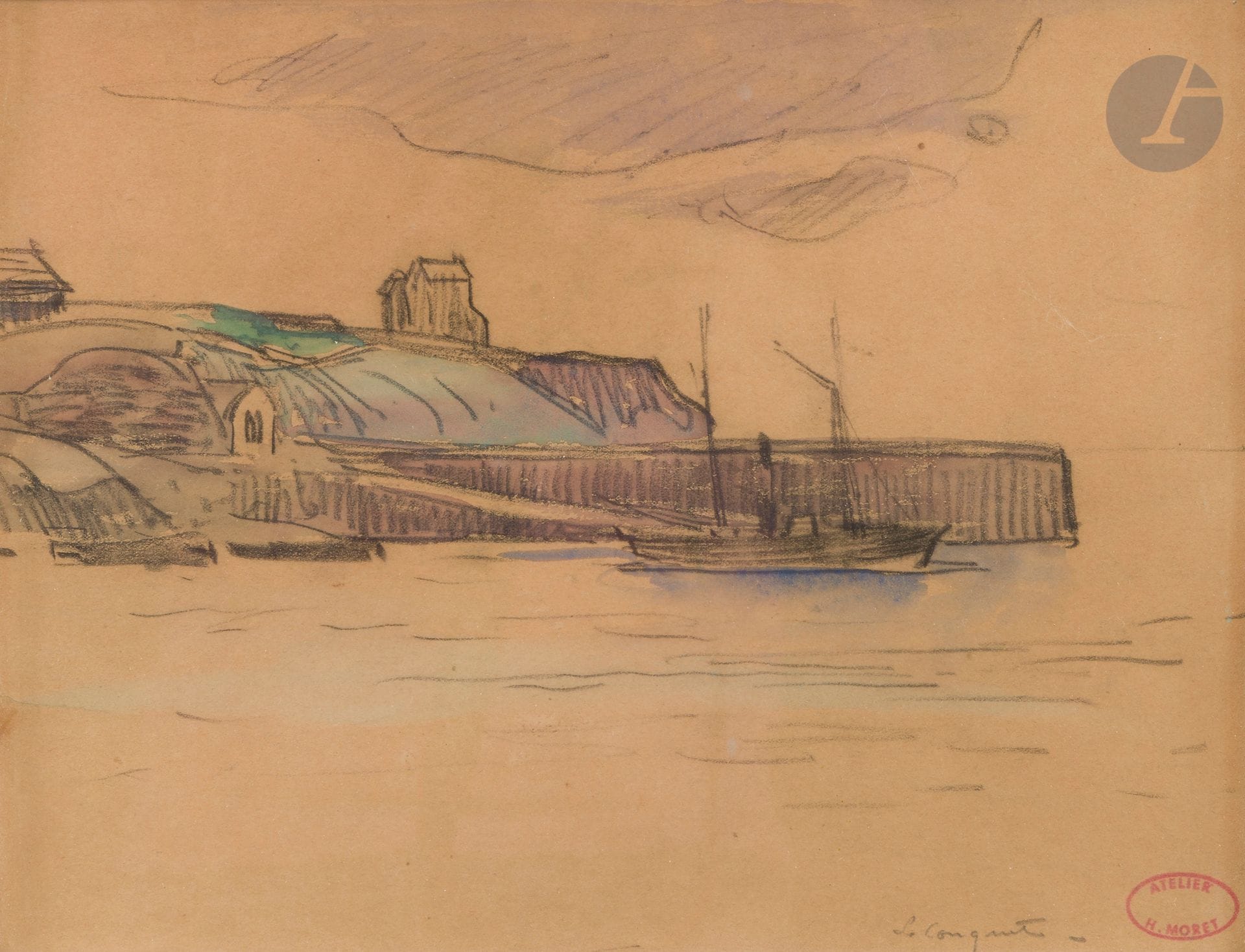 Henry MORET (1856-1913)
Le Port du Conquet
Watercolor and charcoal.
Situated lower right.
Studio sale stamp lower right (Lugt 5251).
(Insolate).
23x29cm

Provenance:
- Artist's studio (inventory no. HM 792).
- Sale Ader Picard Tajan, Hôtel Drouot, October 30, 1990, room 7, lot 30.
- Rémi Ader sale, Hôtel Drouot, salle 2, December 4, 1996, lot 40.