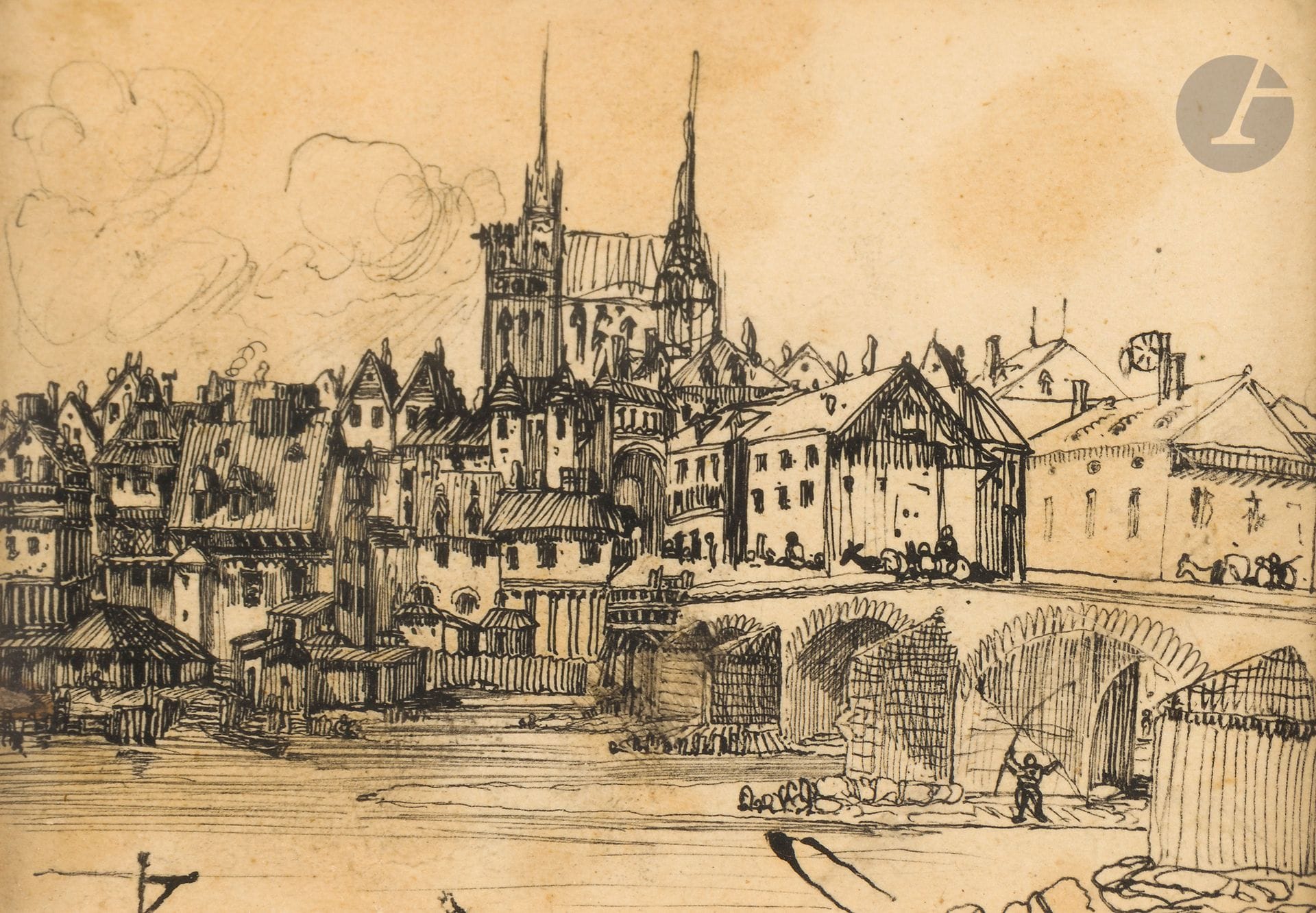Rodolphe BRESDIN (Montrelais 1822 - Sèvres 1885)
Town with stone bridge, circa 1865
Pen and black ink on tracing paper.
(Stains and insolation).
8x11cm

Provenance: 
Sale by Me Laurin, Hôtel Drouot, room n°6, Paris, June 16, 1967, n°107.